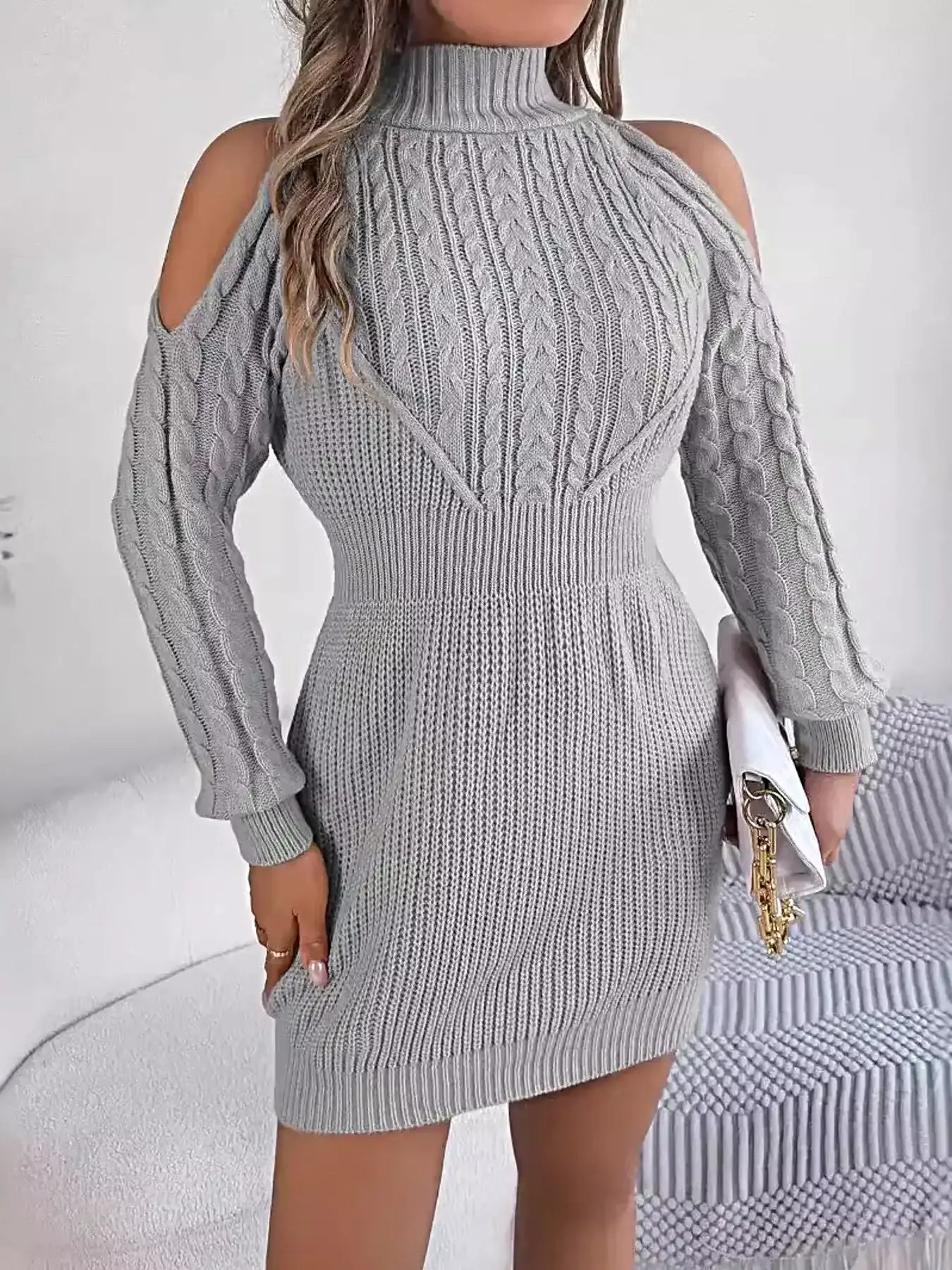 Cold Shoulder Cable Knit Turtleneck Sweater Dress -