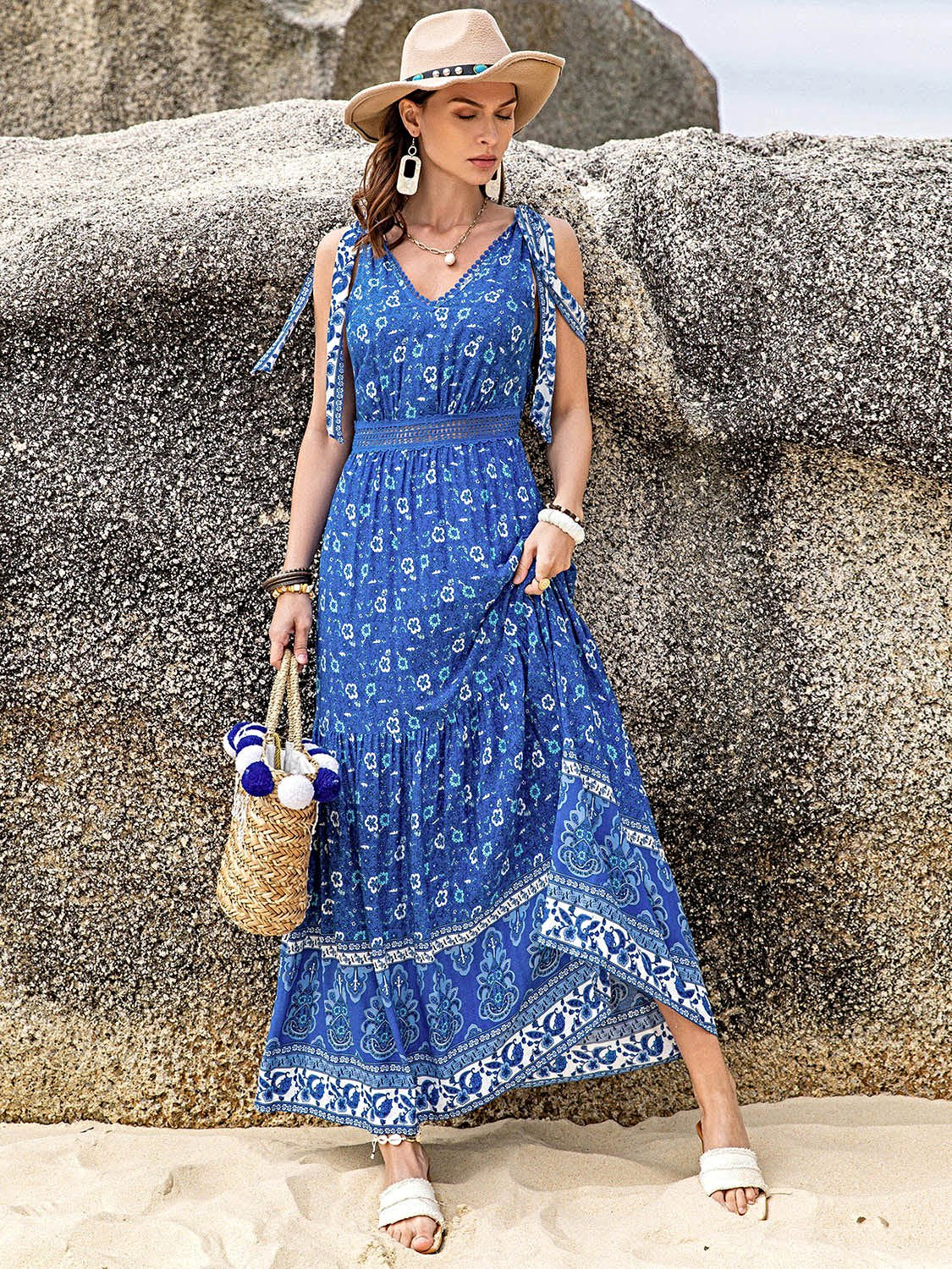 Floral Printed Summer Casual Dress With V-Neck And Tie Shoulder Design, Opaque Viscose Trendsi