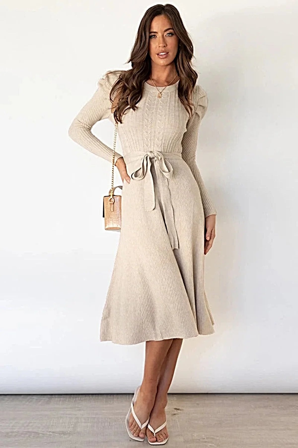 S-2XL • Tie Waist Sweater Dress • Round Neck, Long Sleeves • Stretchy Opaque Fabric -