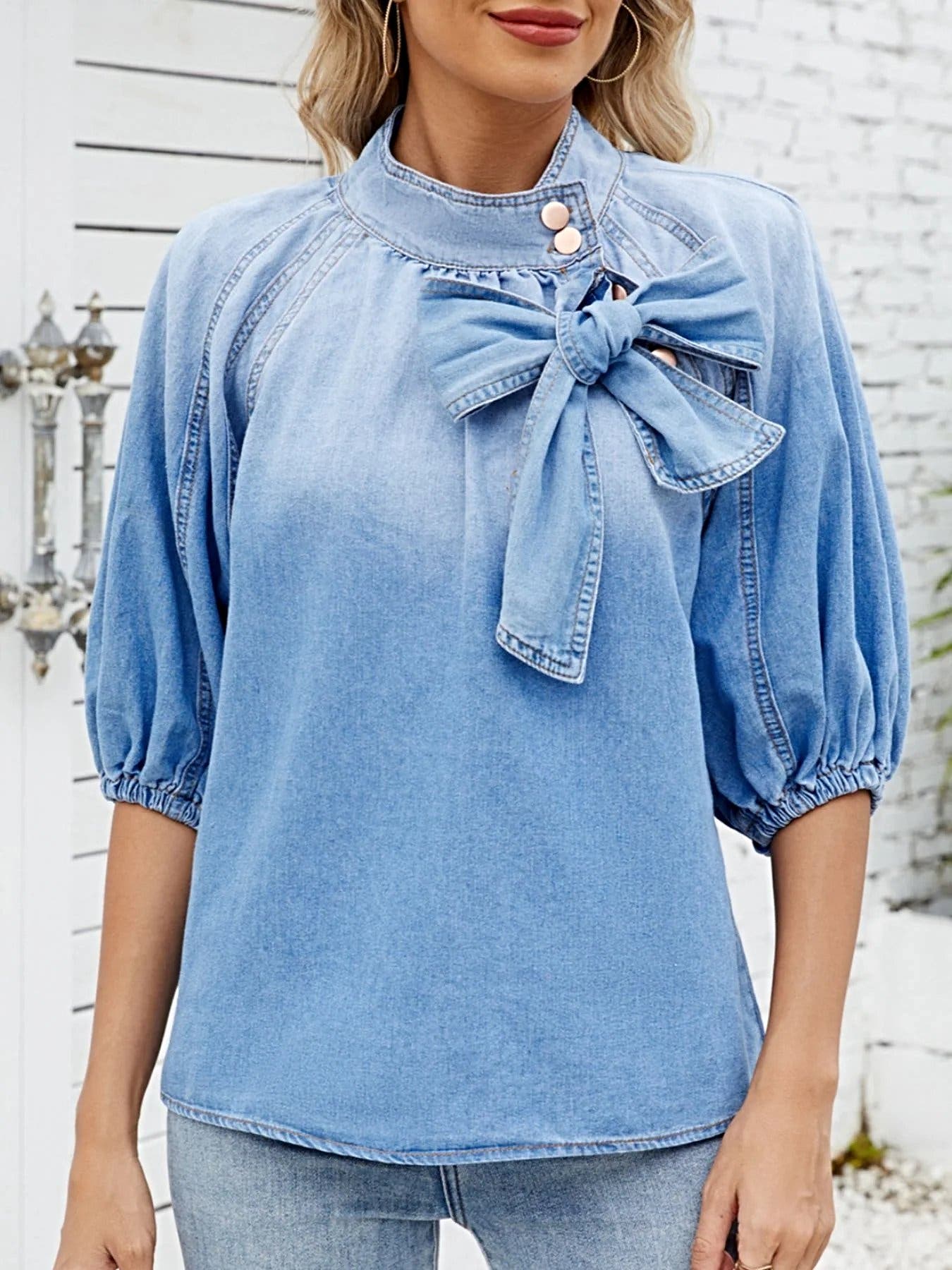 Bow Accent Puff Sleeve Denim Top -
