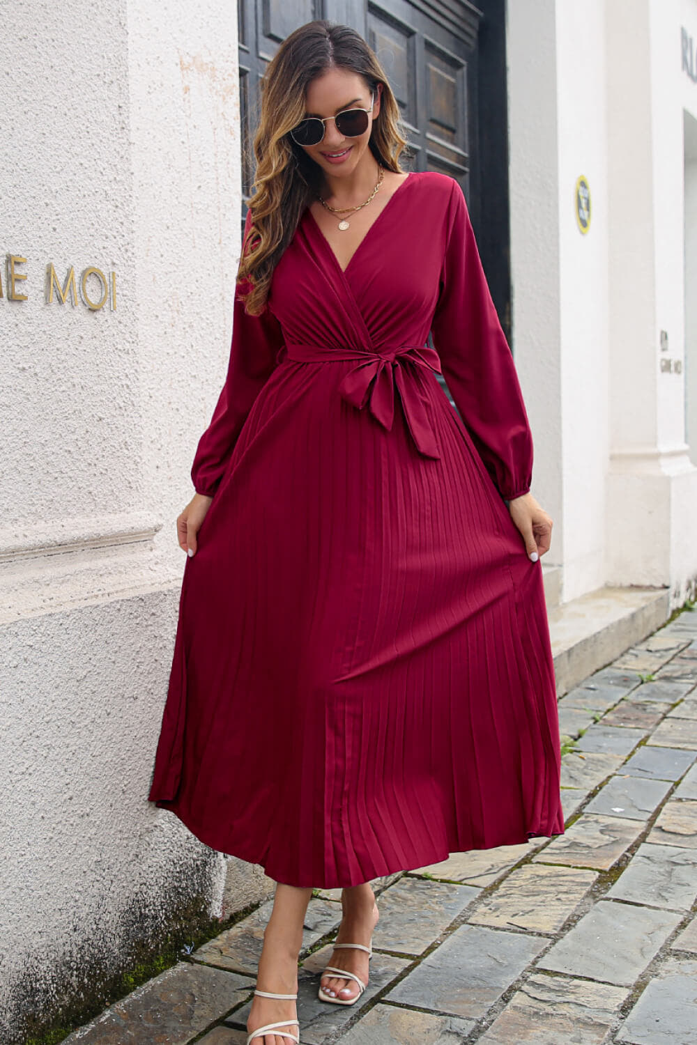 Elegant Pleated Maxi Dress with Long Sleeves and Surplice Neckline - Perfect for Classy Occasions Trendsi