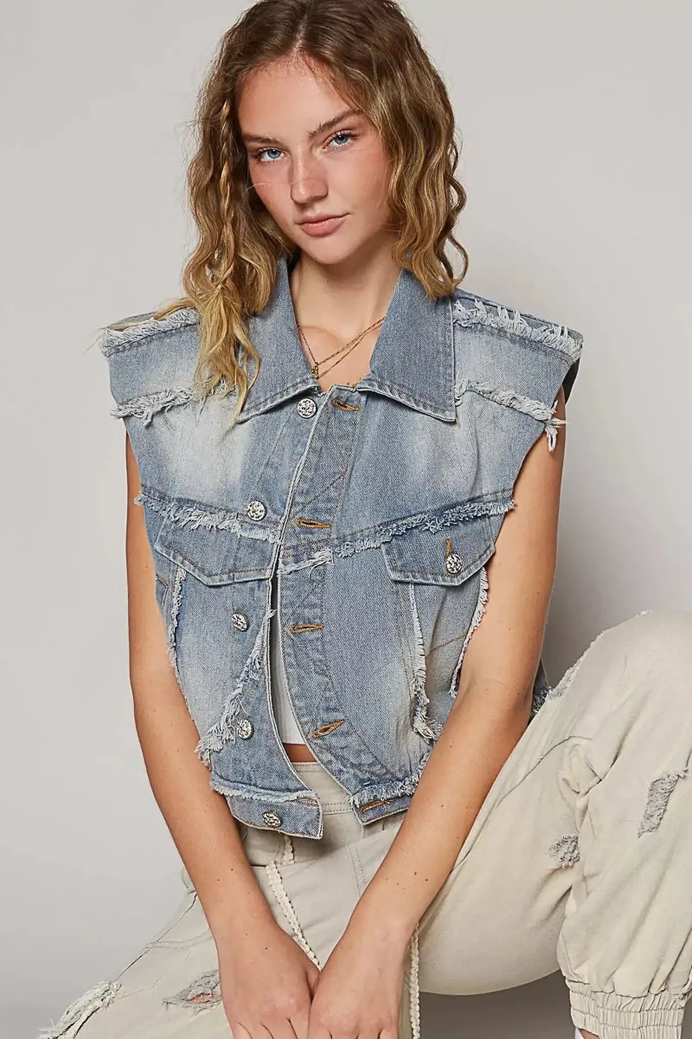 POL Assymetrical Front Closure Raw Hem Denim Vest -