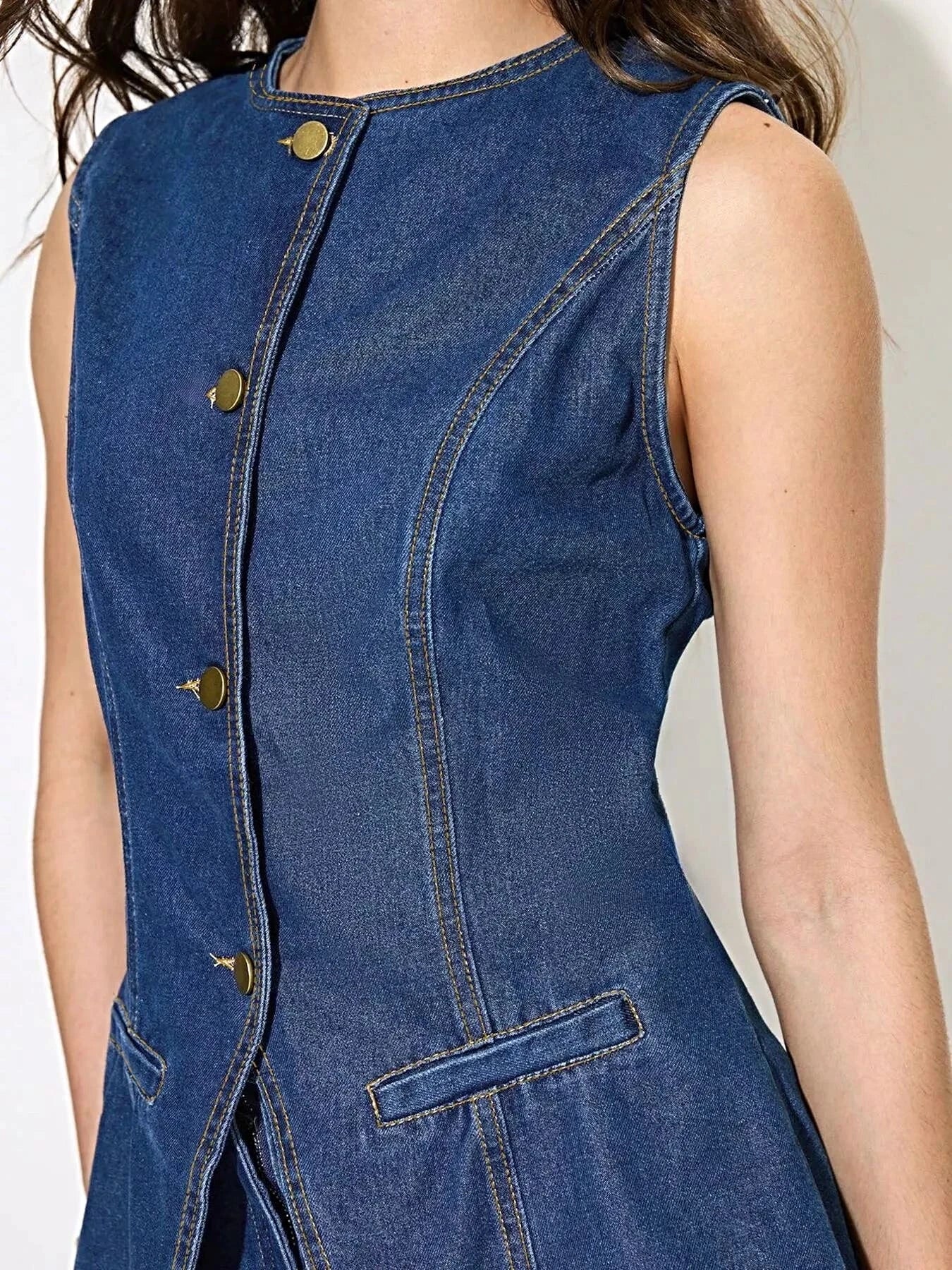 Button Up Sleeveless Denim Top -