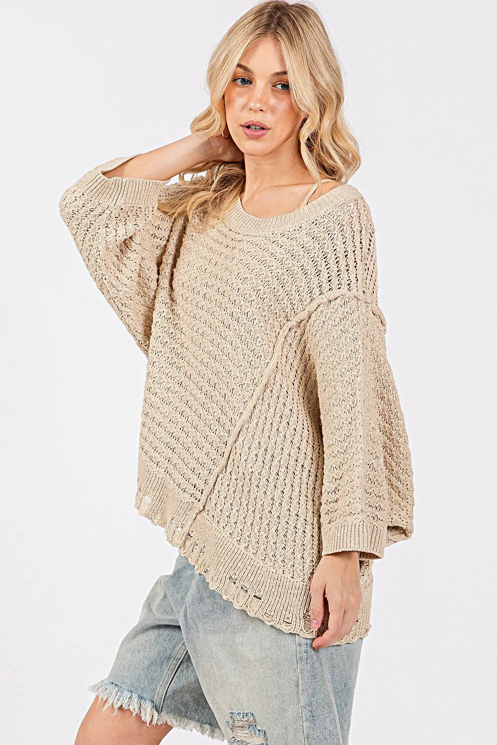 SAGE + FIG Distressed Asymmetrical Open Stitch Sweater -