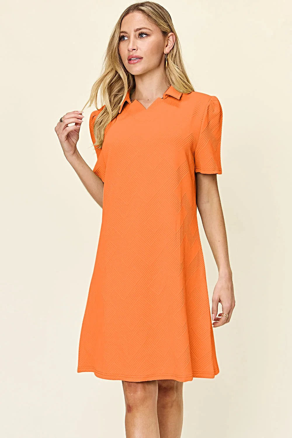 Elegant Double Take Short Sleeve Collar Dress - Textured Opaque Design, Slightly Stretchy, Machine Washable Trendsi