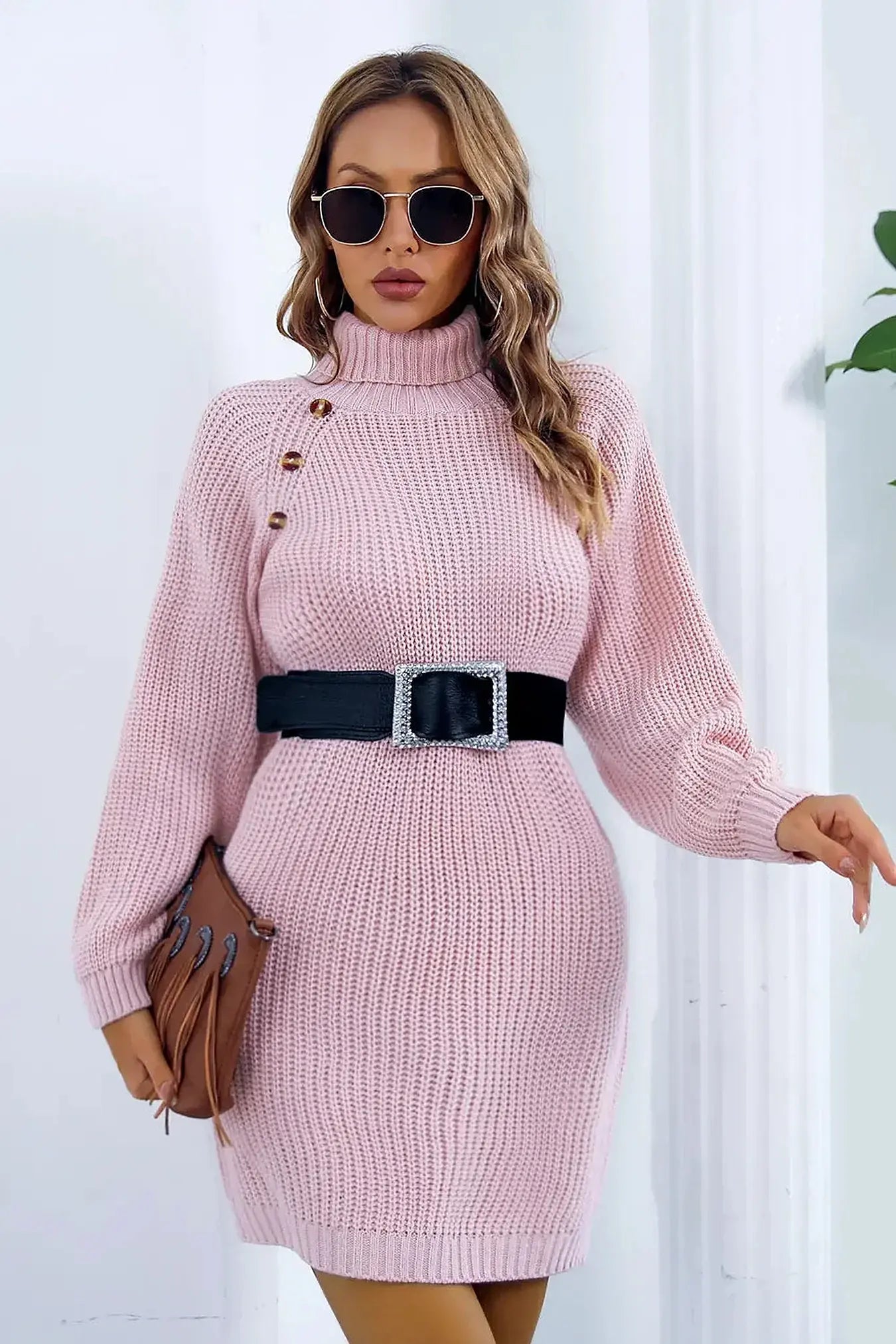 Buttoned Turtleneck Long Sleeve Sweater Dress -