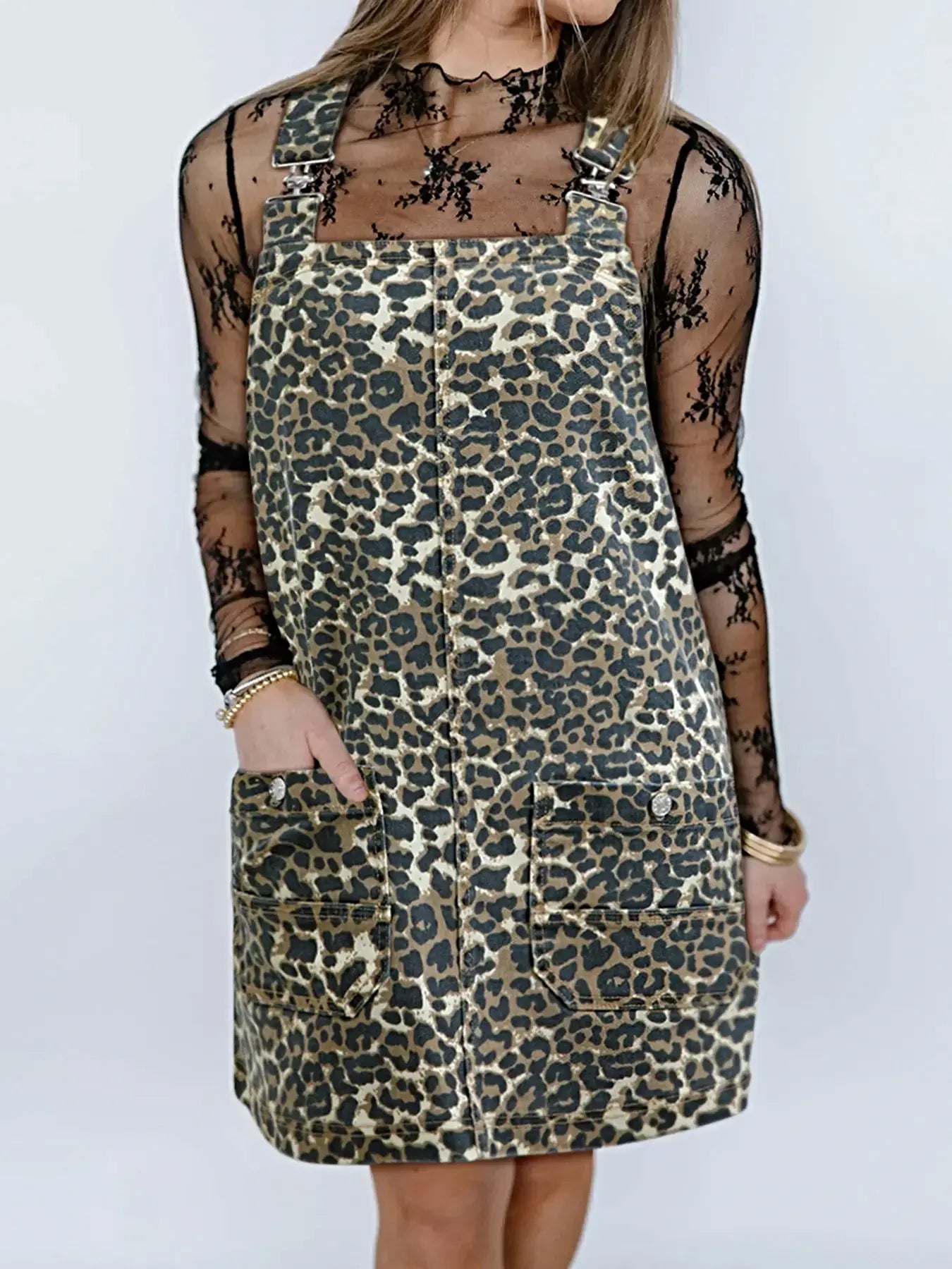 Leopard Print Denim Overall Dress -