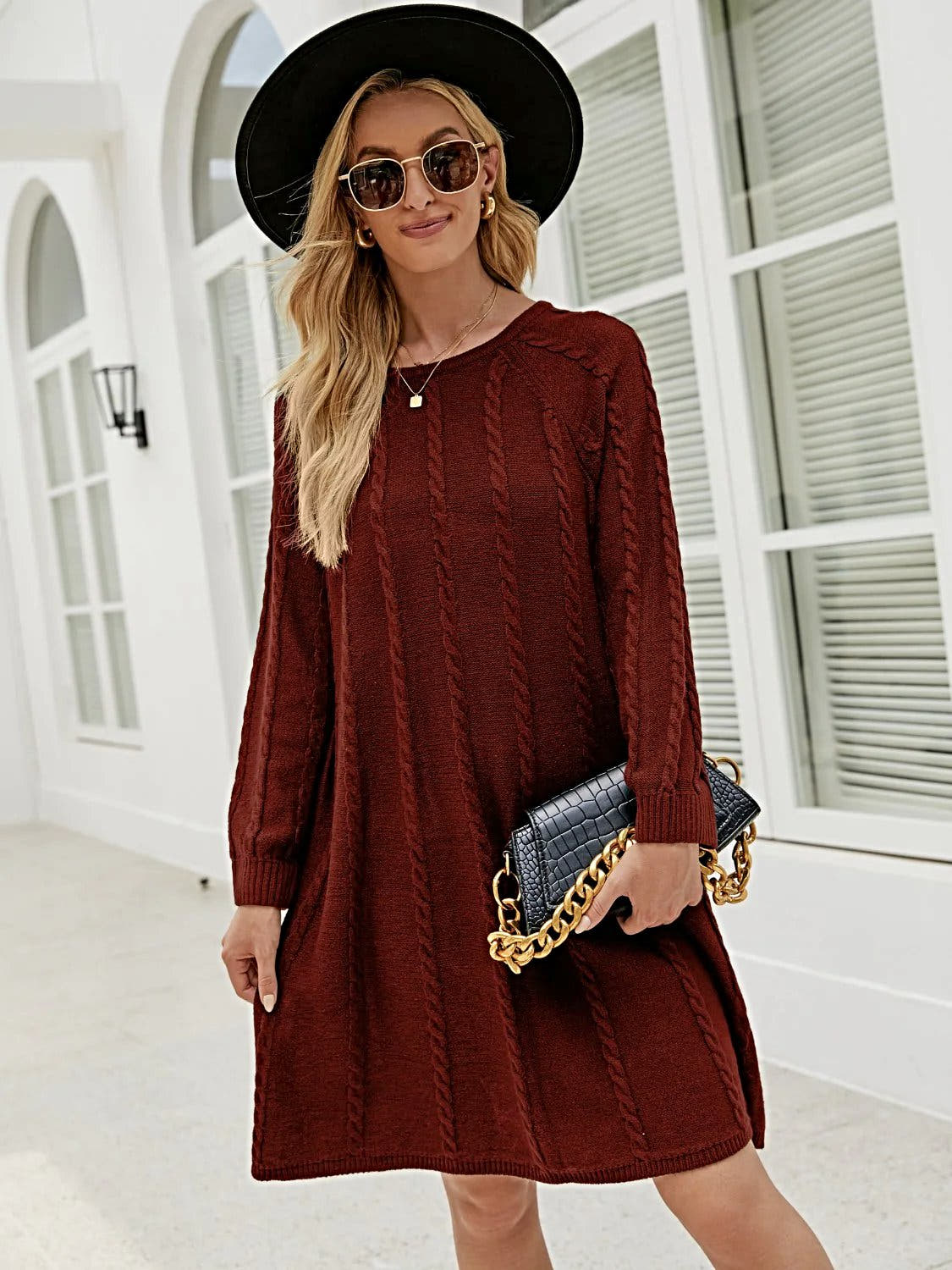 Cable Knit Sweater Dress for Women - Soft Acrylic, Slightly Stretchy, Long Sleeve - Trendy Style Trendsi