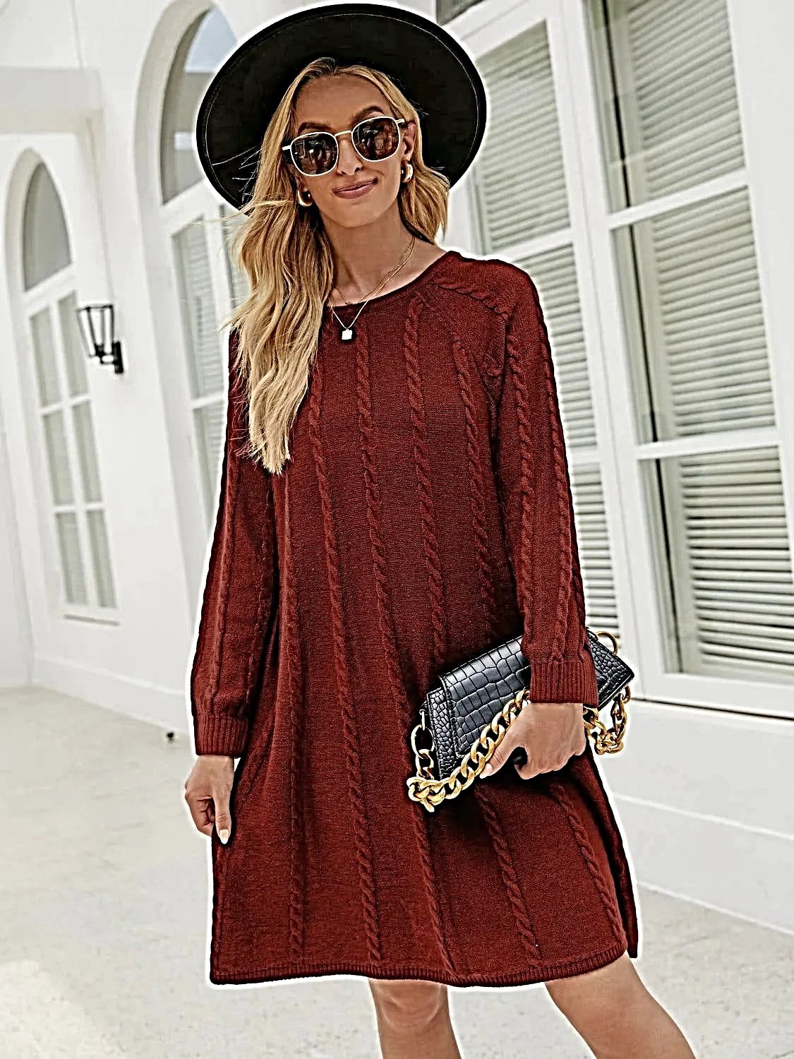 Cable Knit Sweater Dress for Women - Soft Acrylic, Slightly Stretchy, Long Sleeve - Trendy Style -