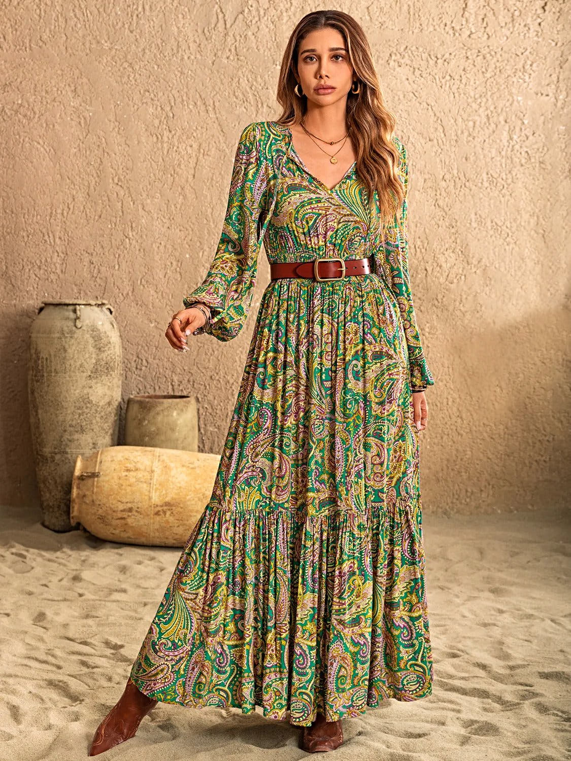 Printed Tie Neck Long Sleeve Dress -