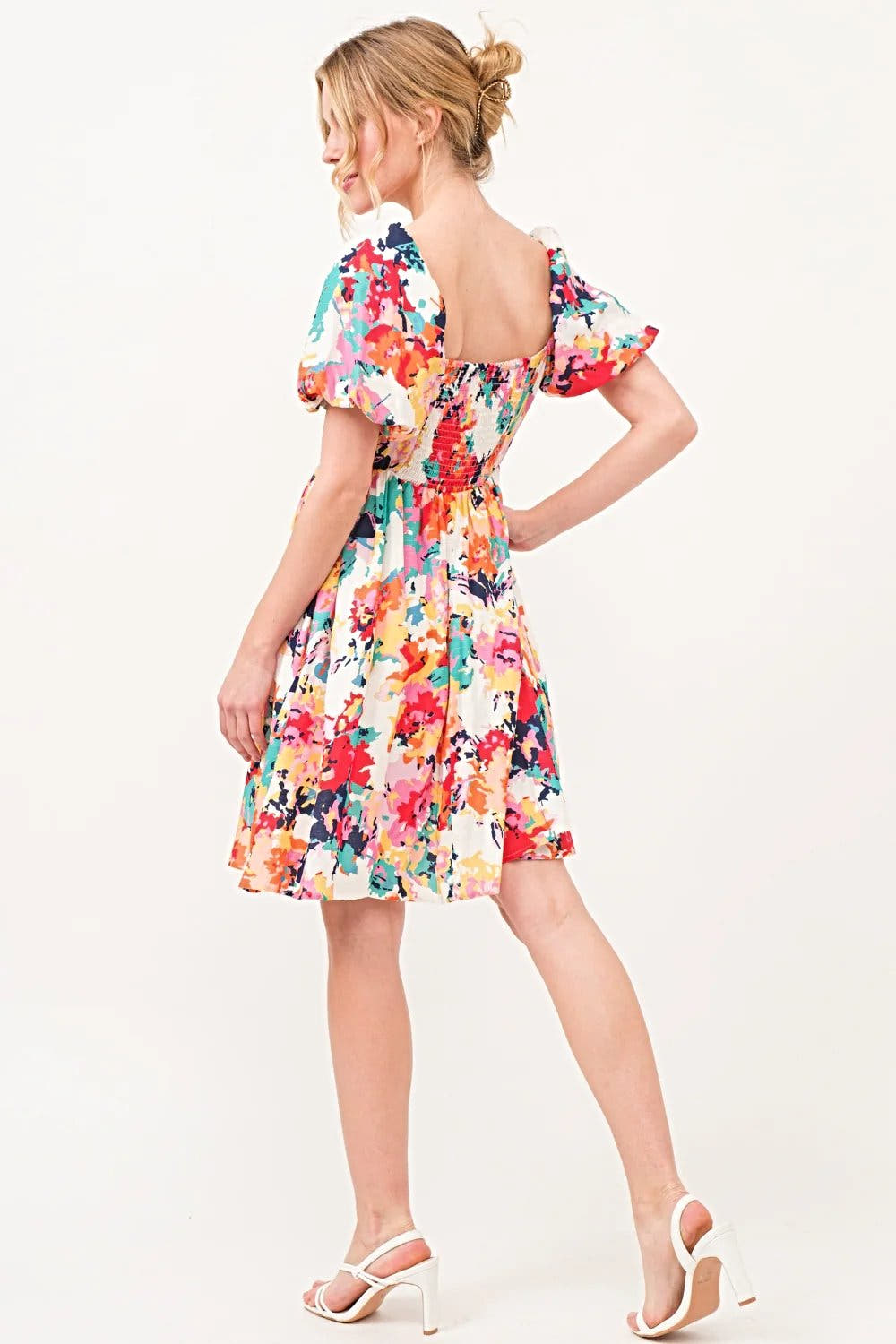 Floral Puff Sleeve Dress with Square Neckline and Pockets - Trendy Women's Fashion Trendsi