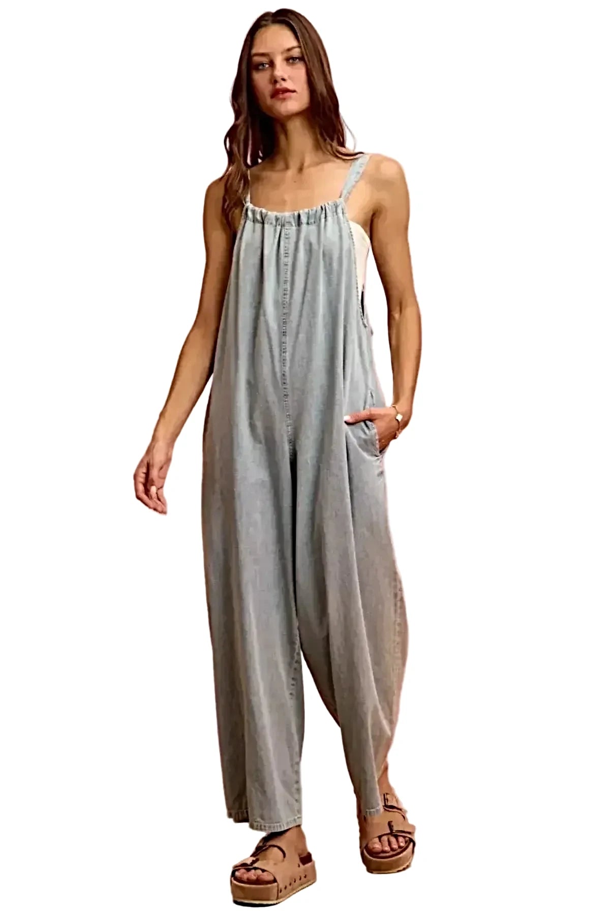SO ME Wide Leg Lightweight Denim Overalls -