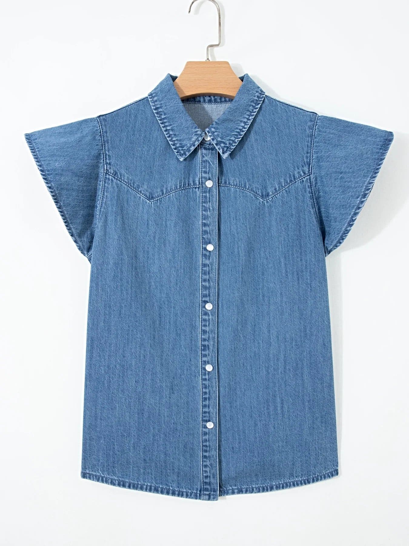Ruffled Short Sleeve Denim Shirt -