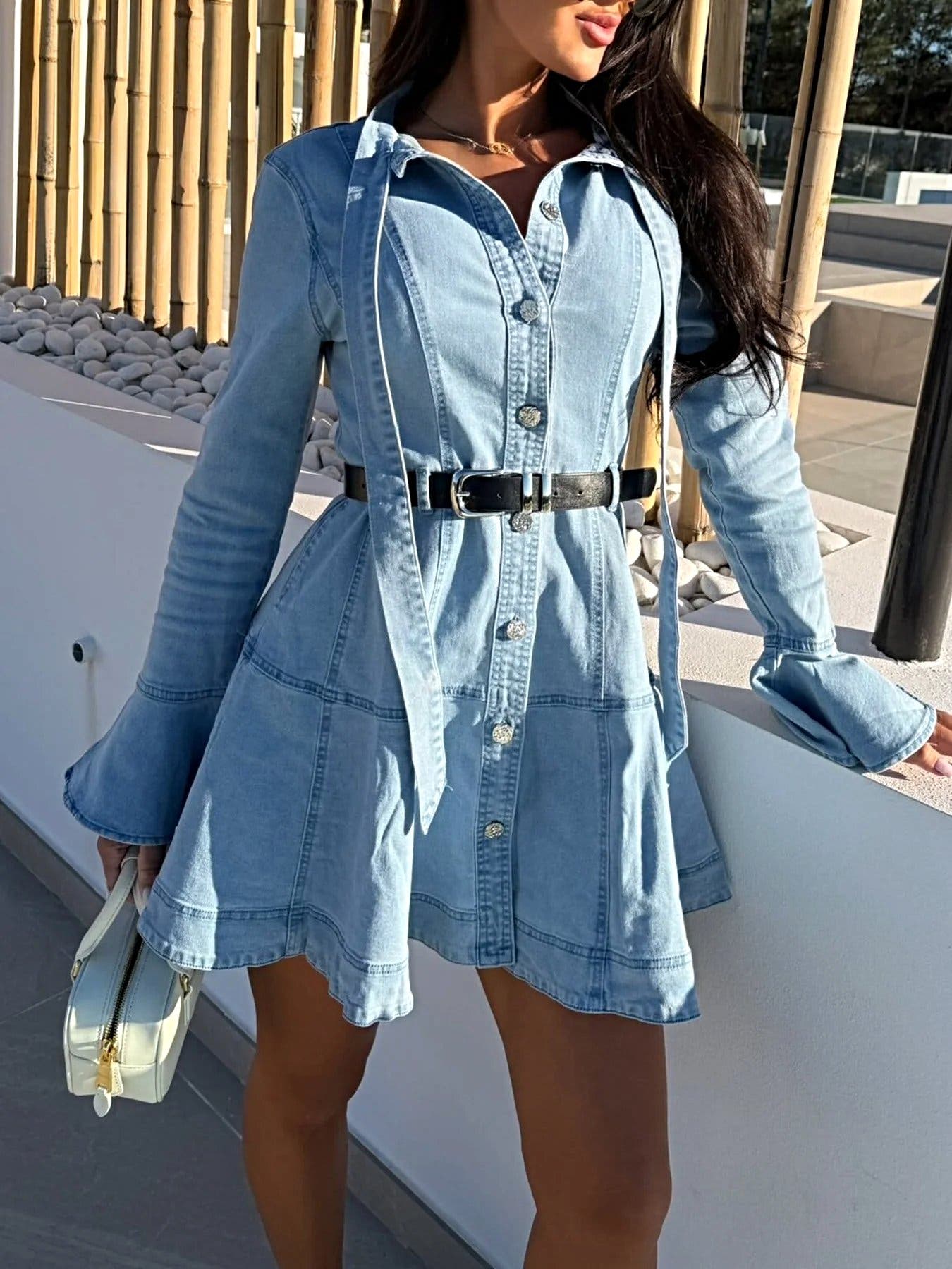 Button Front Flounce Sleeve Denim Dress