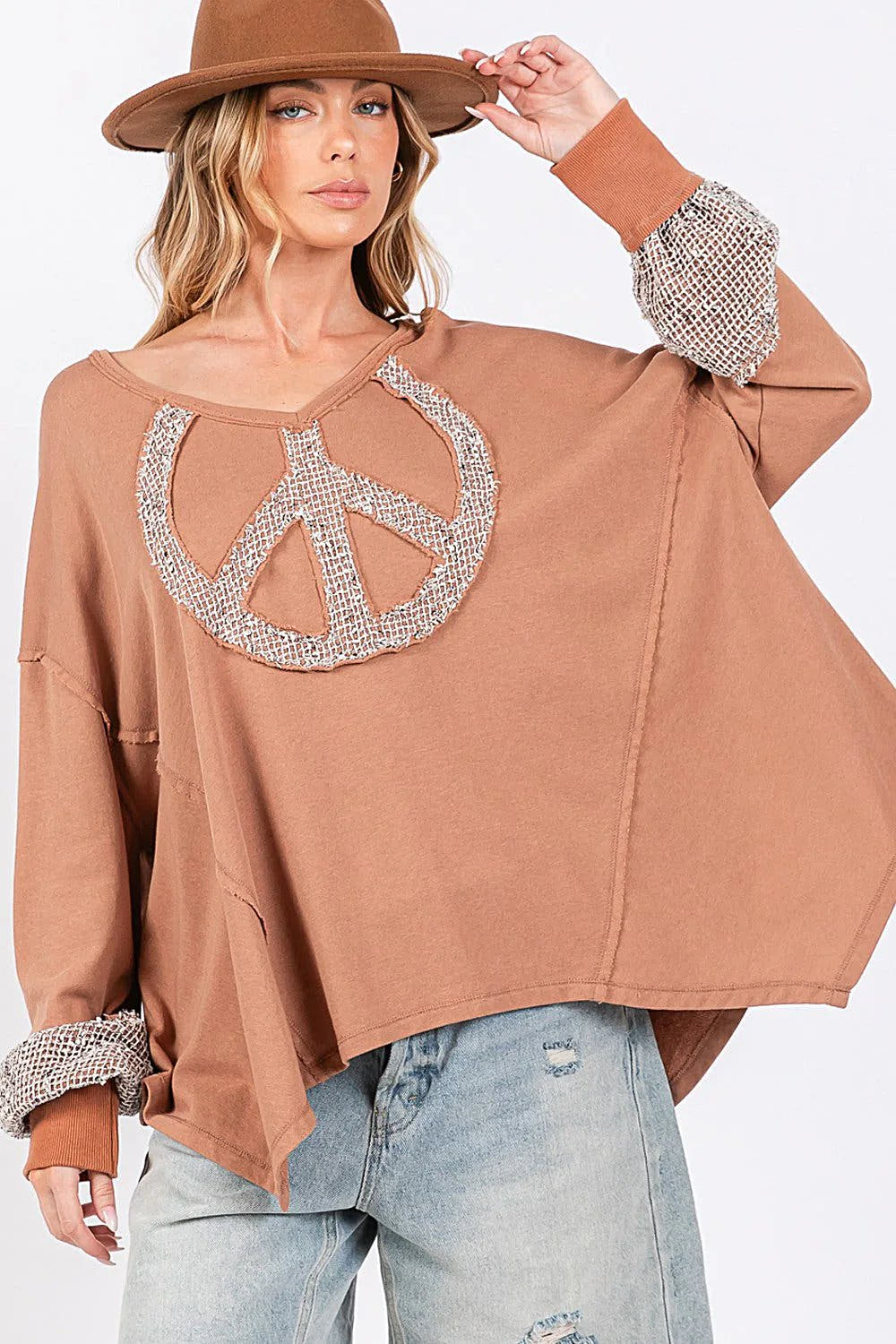 SAGE + FIG Peace Sign Shirt - V-Neck Mineral Wash Terry Top with Crochet Patchwork Trendsi