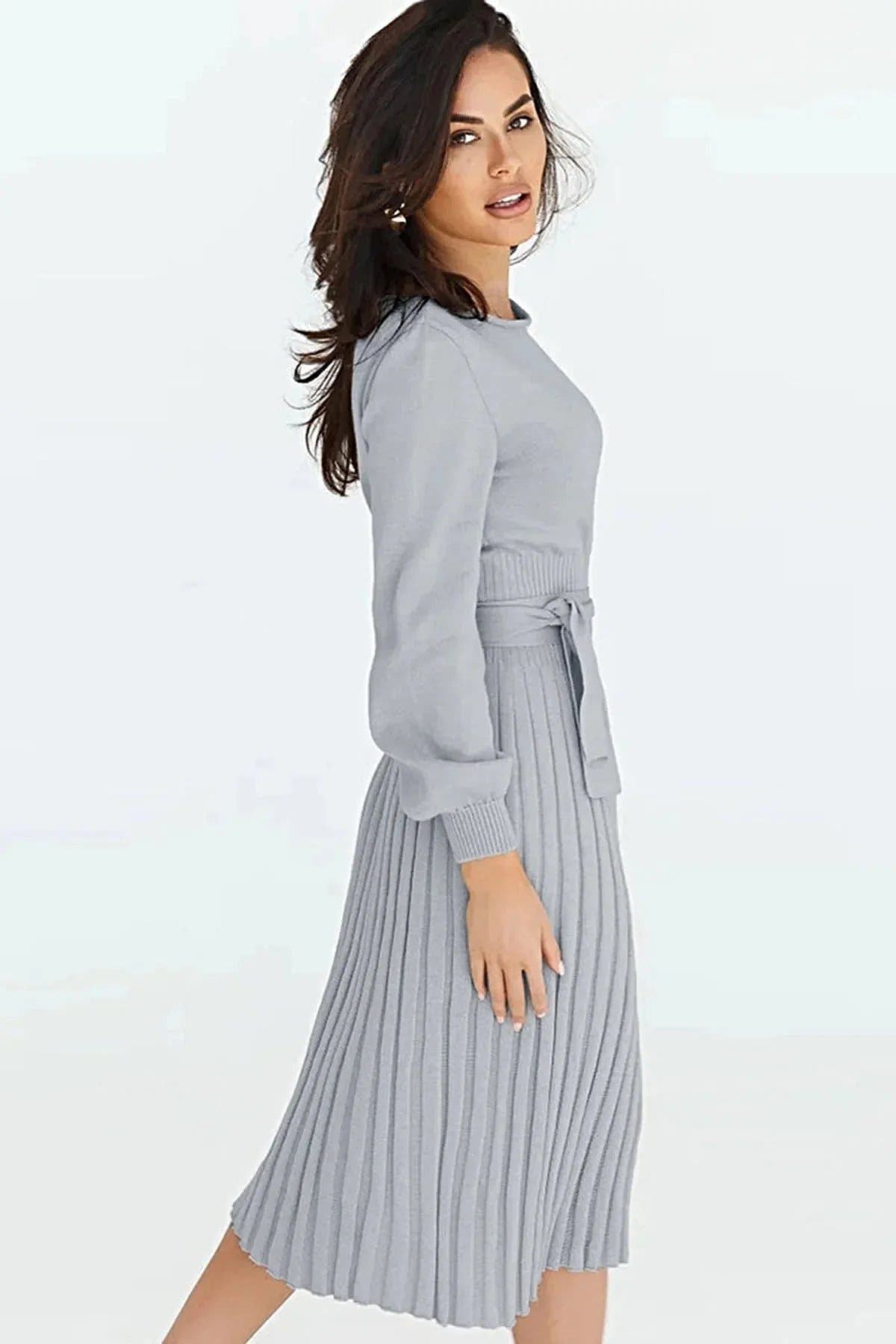 Round Neck Long Sleeve Pleated Sweater Dress -
