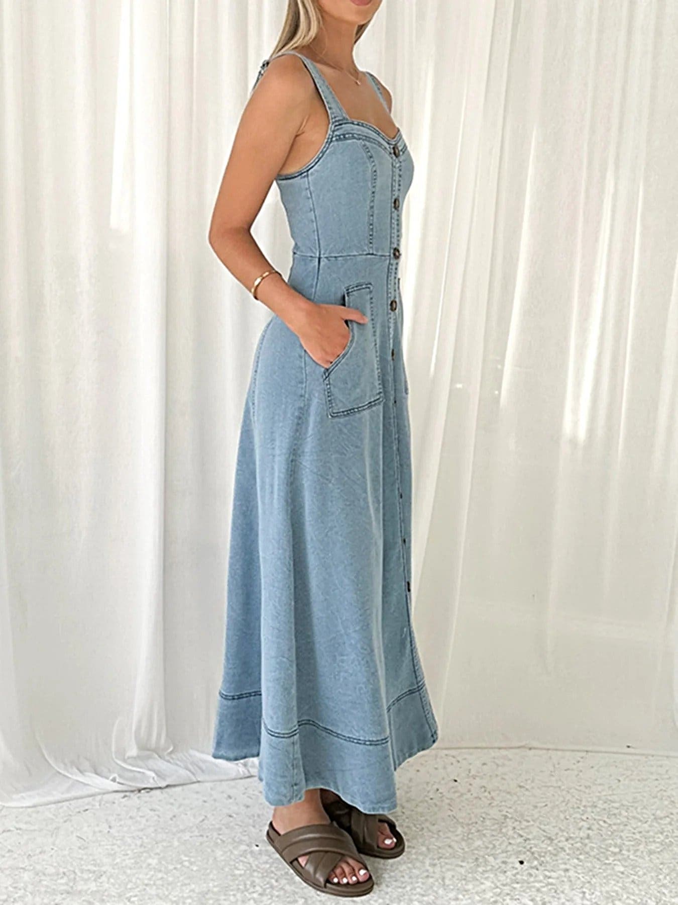 Decor Button Front A-Line Denim Dress -