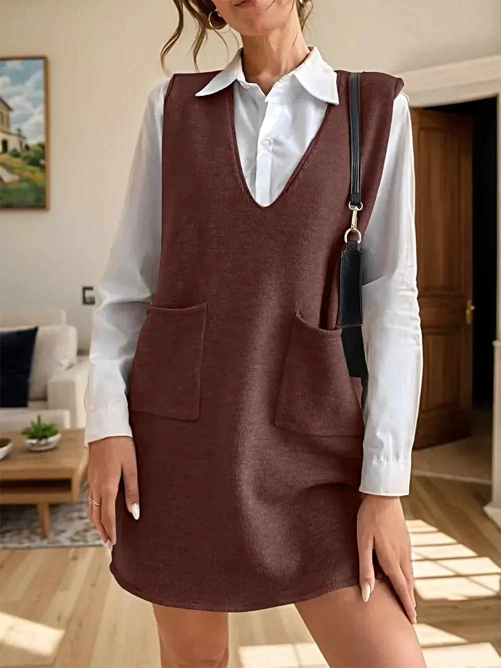 V-Neck Sleeveless Sweater Dress with Pockets -