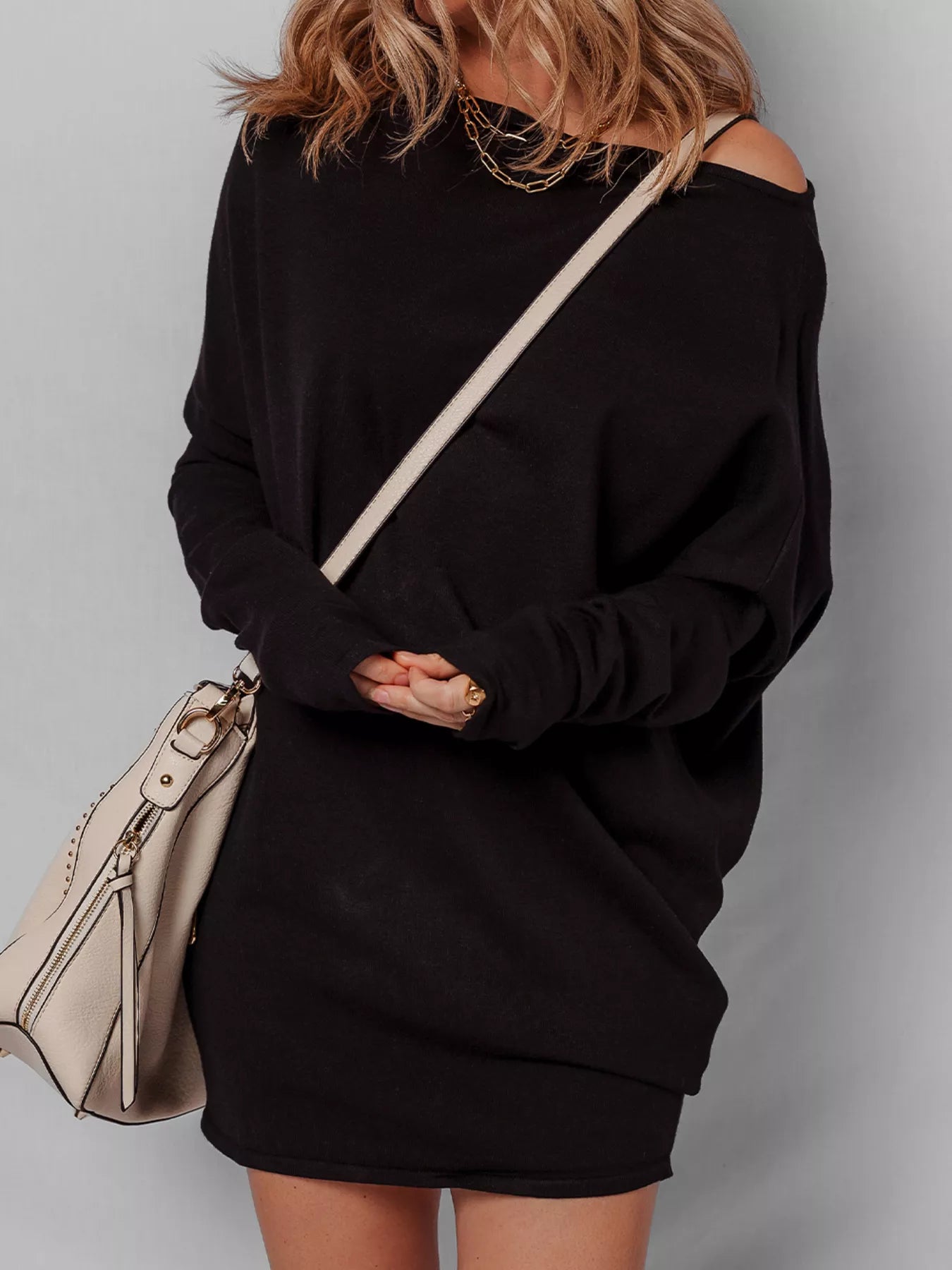 Asymmetric Neck Batwing Sleeve Shift Mini Sweater Dress -