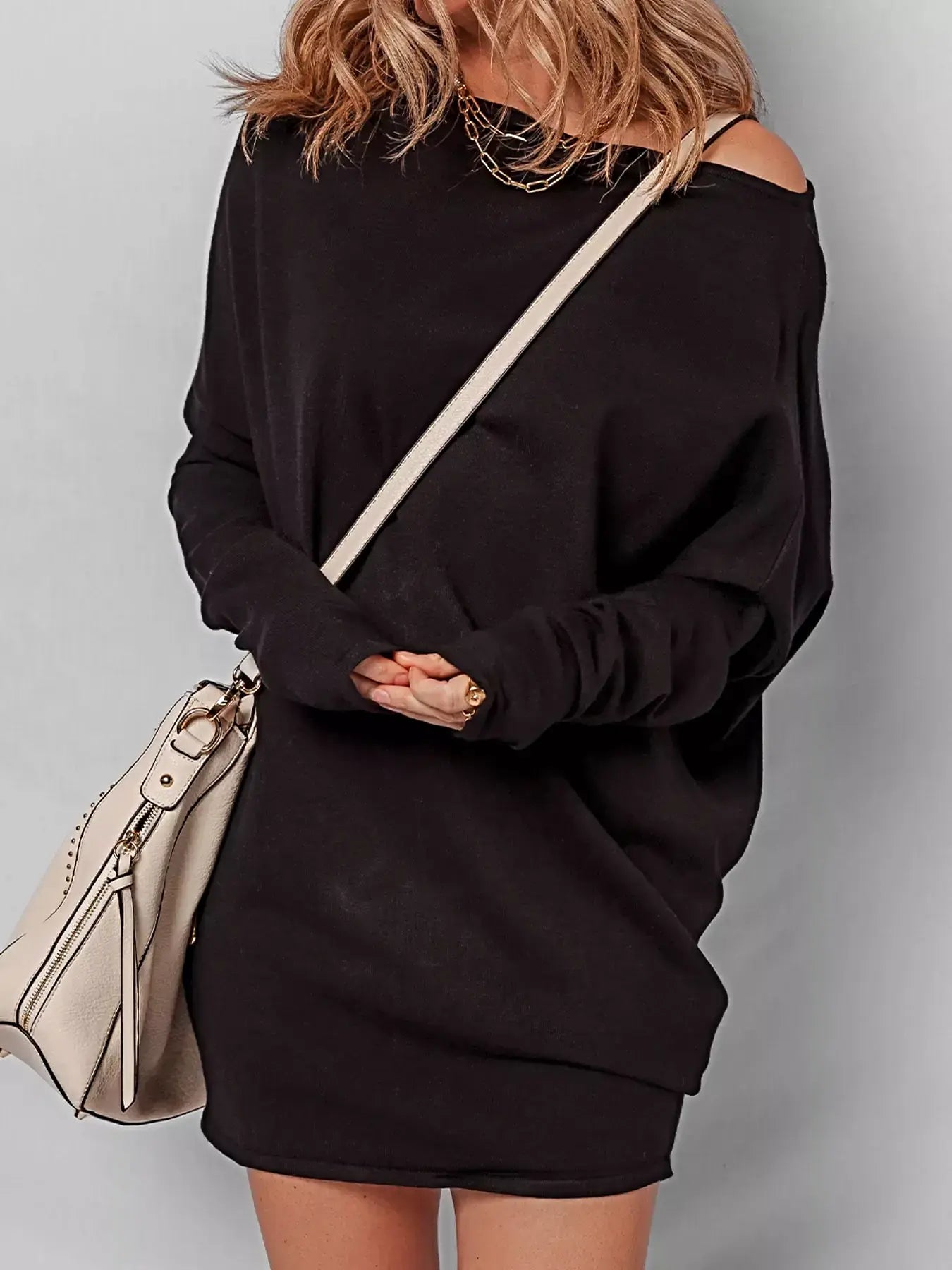 Asymmetric Neck Batwing Sleeve Shift Mini Sweater Dress -
