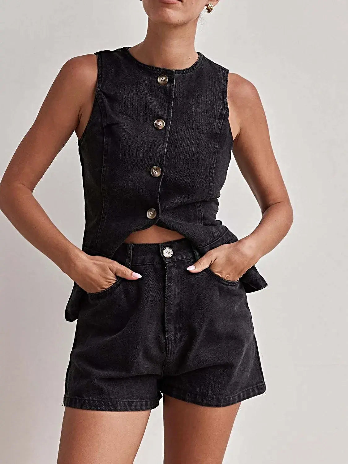 Button Down Vest and Shorts Denim Set -