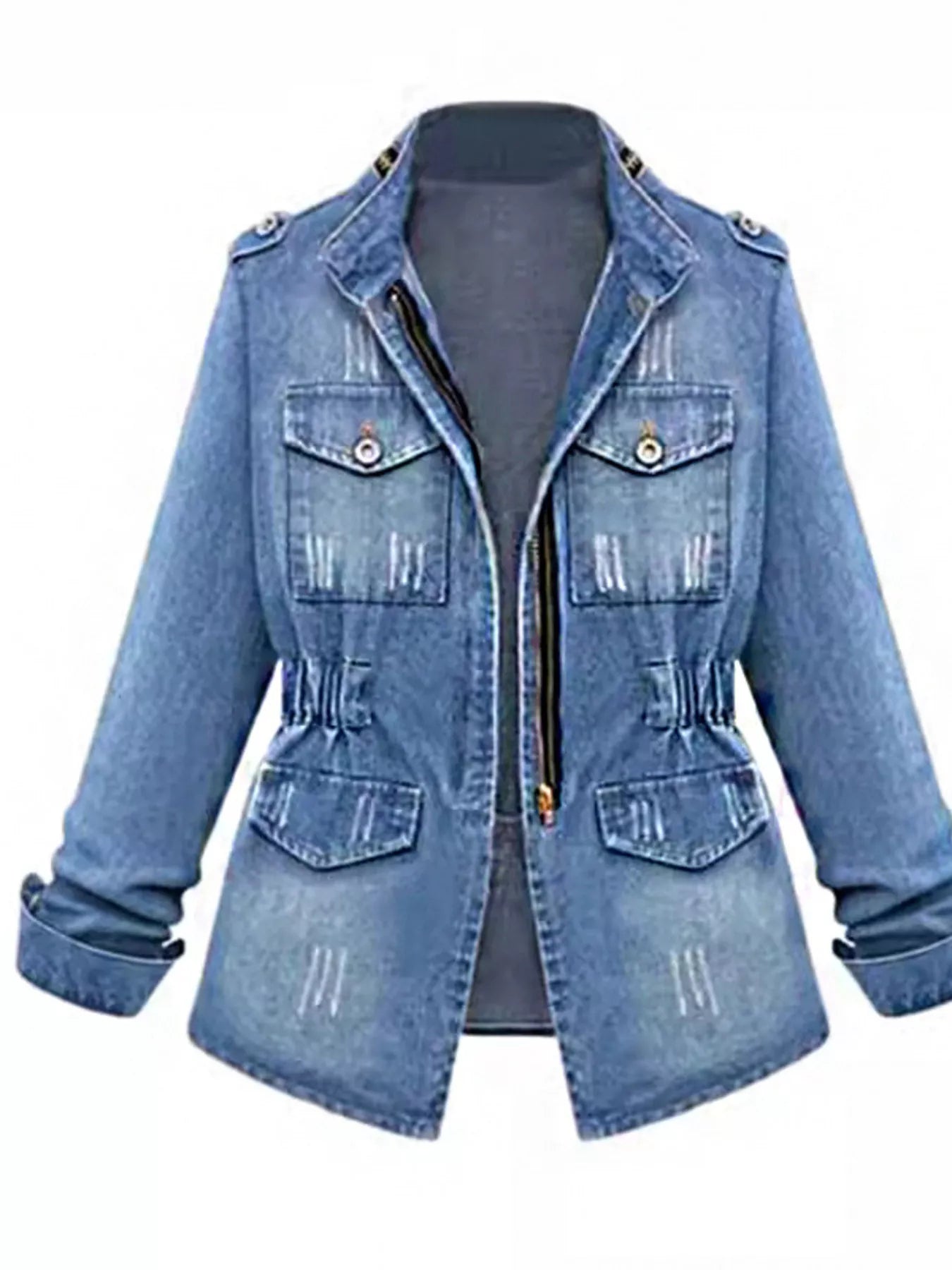 Full Size Chest Pocket Zip Up Denim Jacket Plus Size -