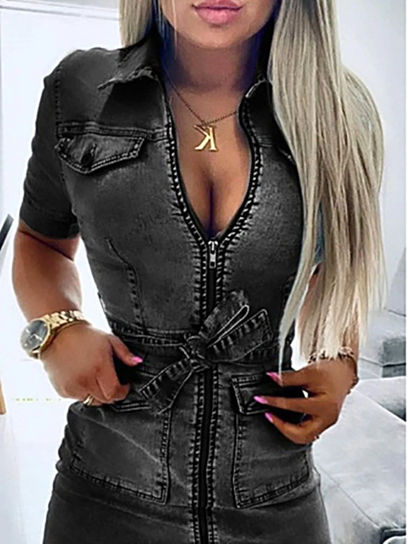 Zipper Front Short Sleeve Denim Dress -