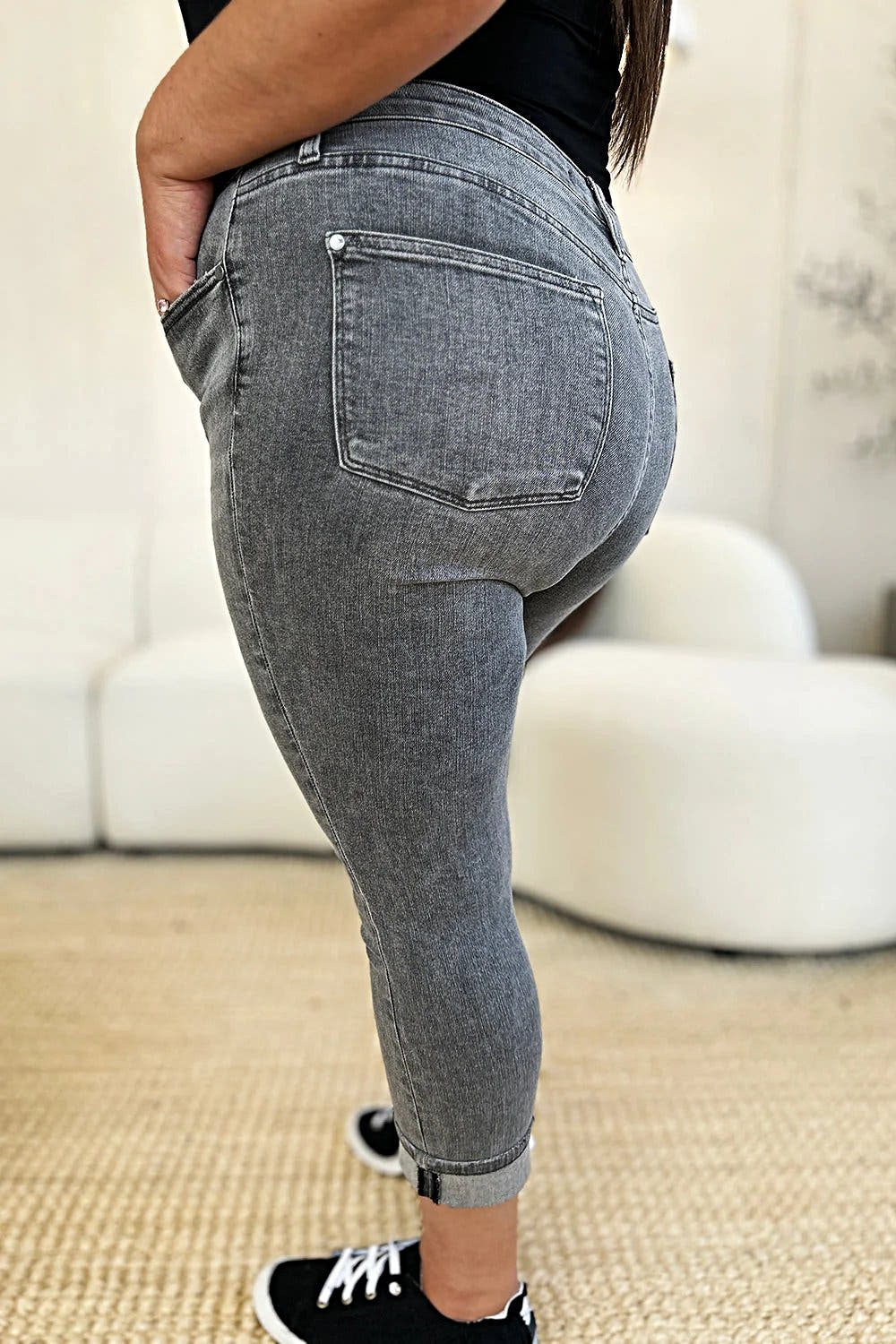 Judy Blue Full Size Button Fly High Waist Cuffed Capris -