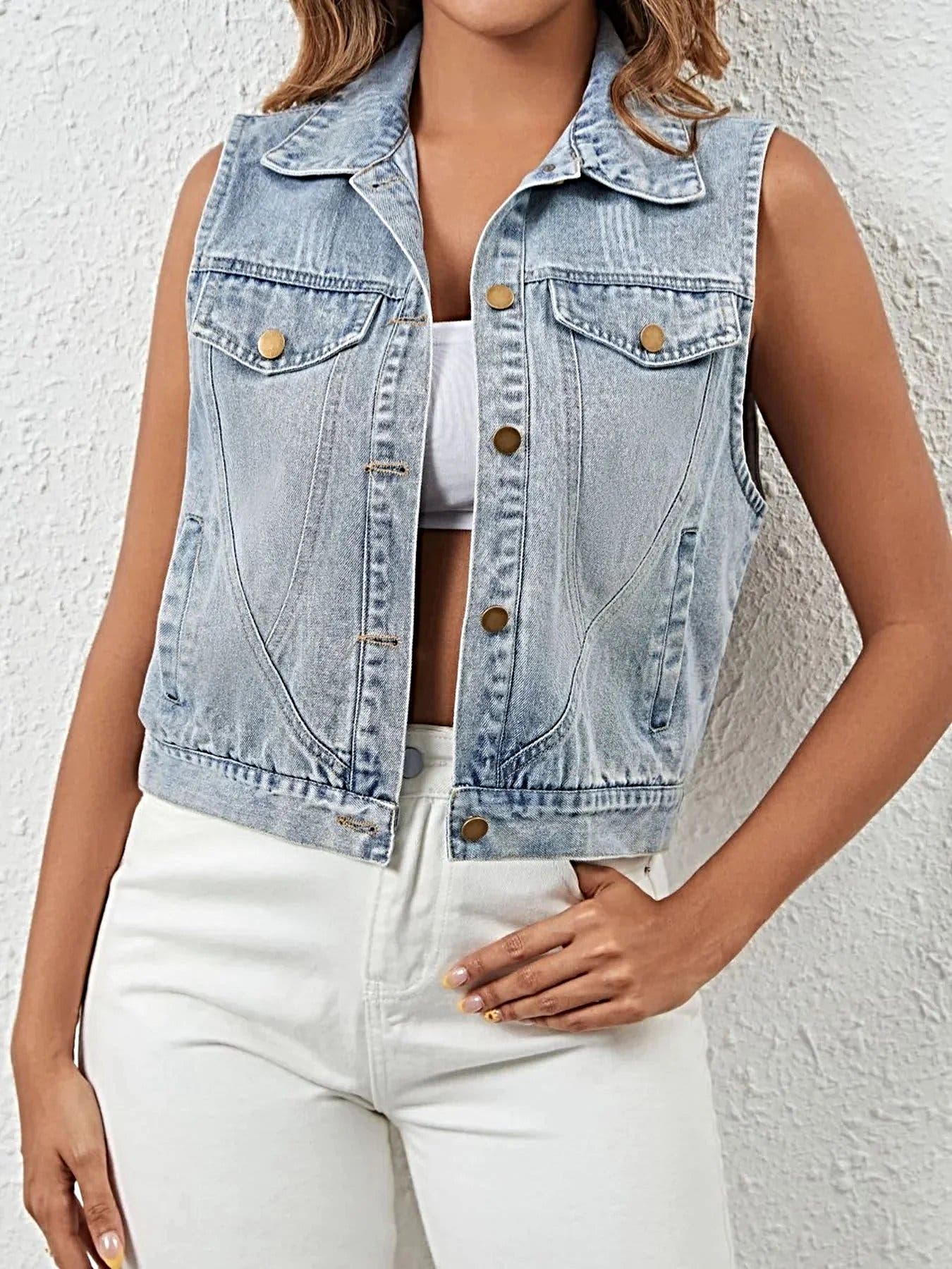 Sleeveless Button Up Denim Jacket -