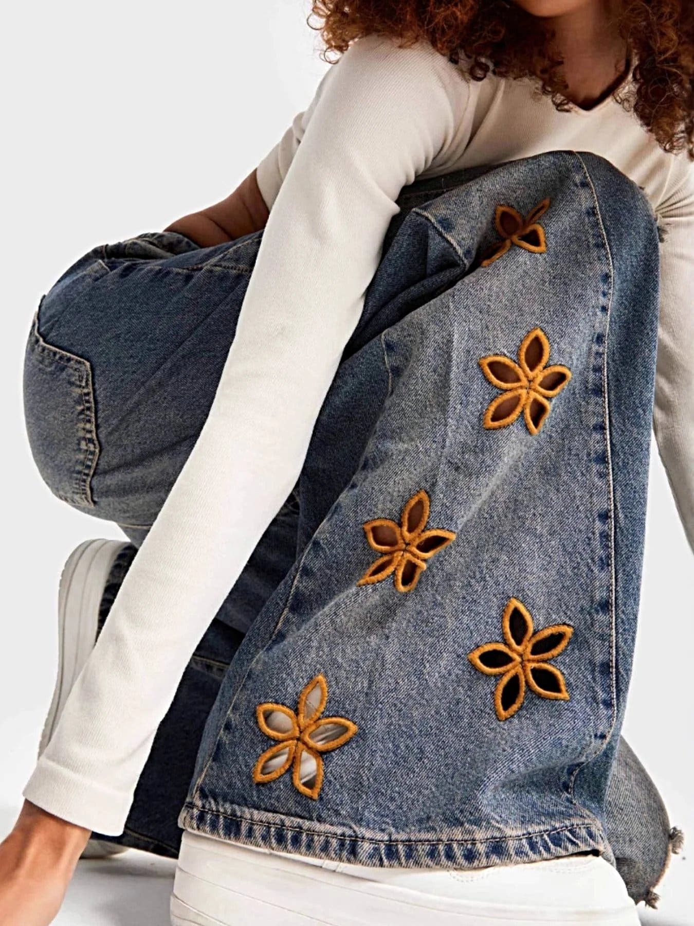 Floral Embroidered Wide Leg Jeans -