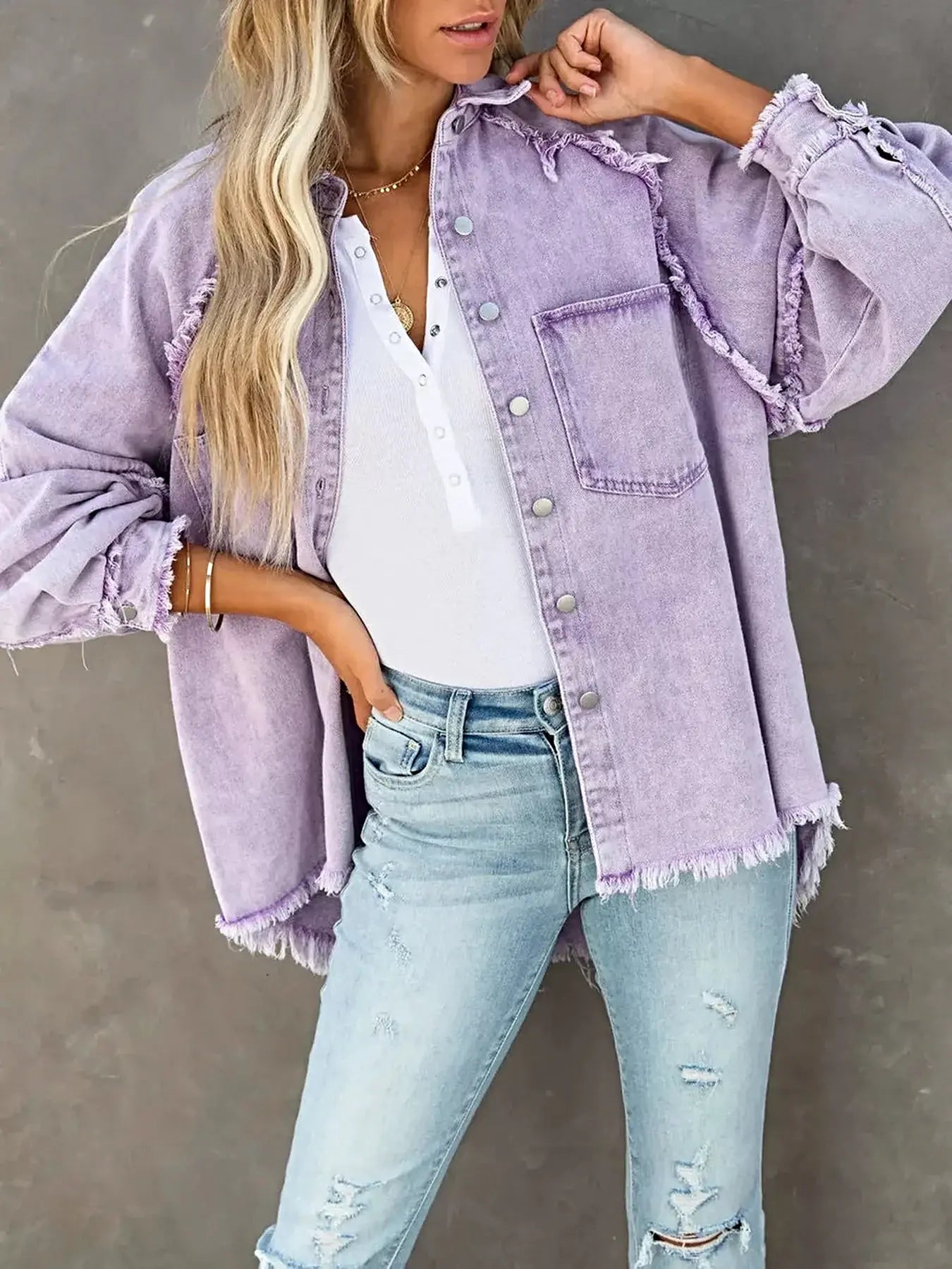 Button Down Raw Hem Denim Jacket -