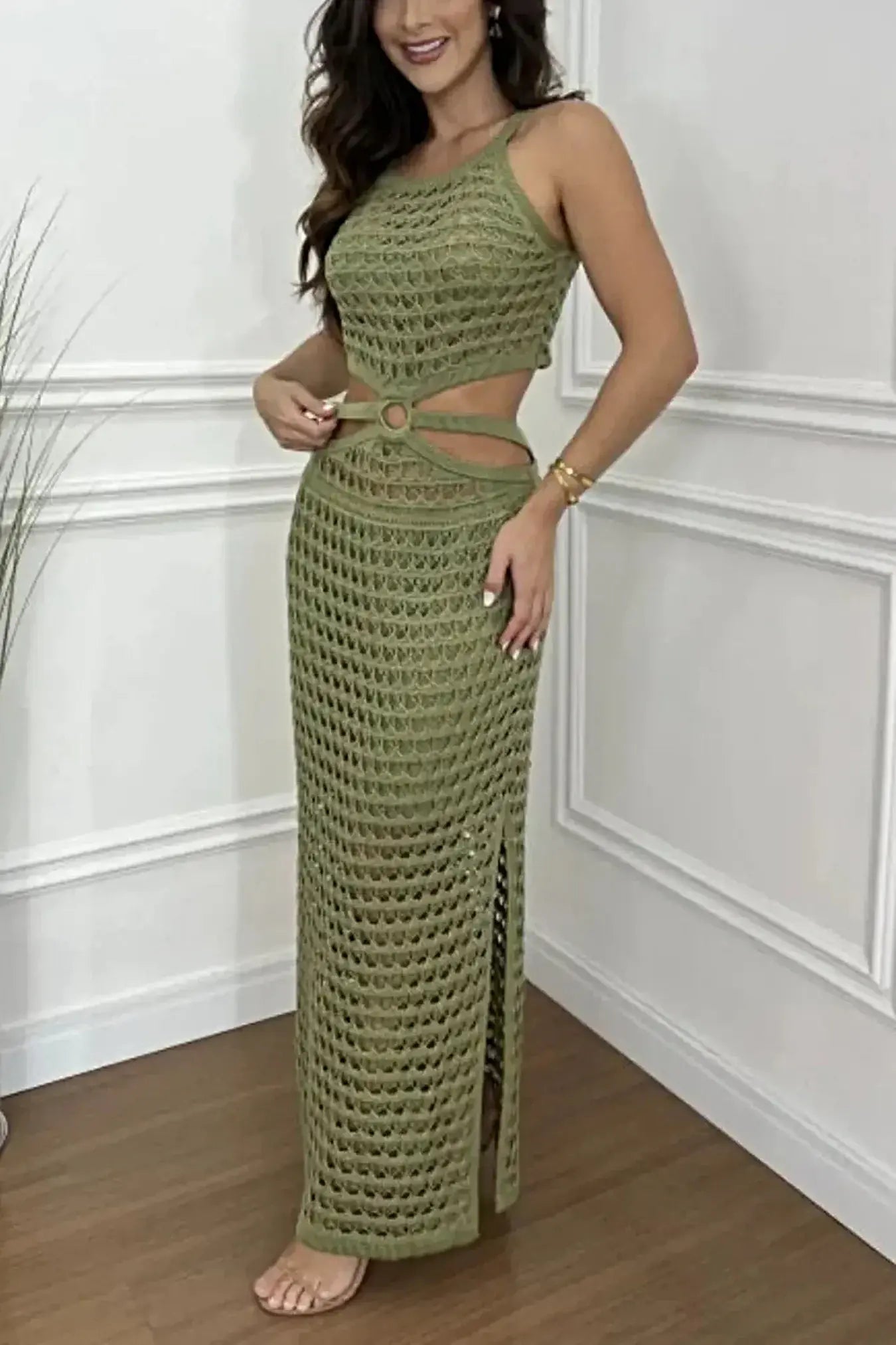 Cutout Slit Round Neck Sweater Dress -
