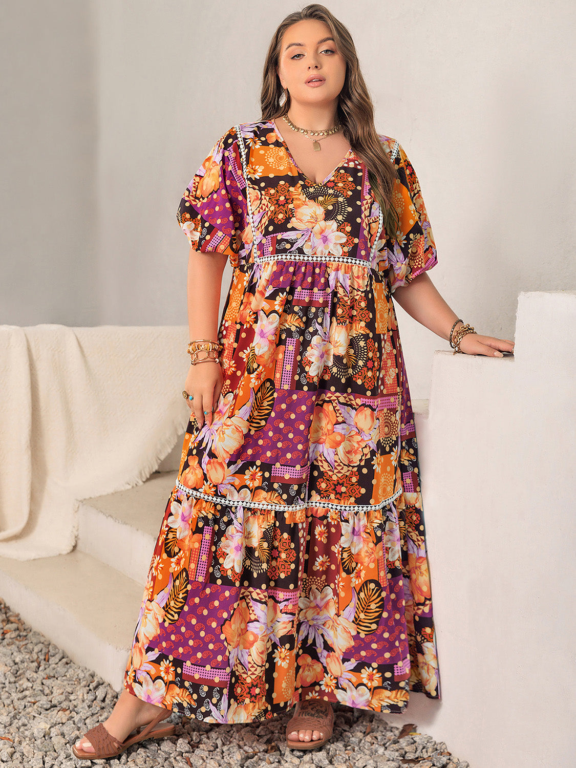 Plus Size Printed V-Neck Half Sleeve Maxi Dress Trendsi