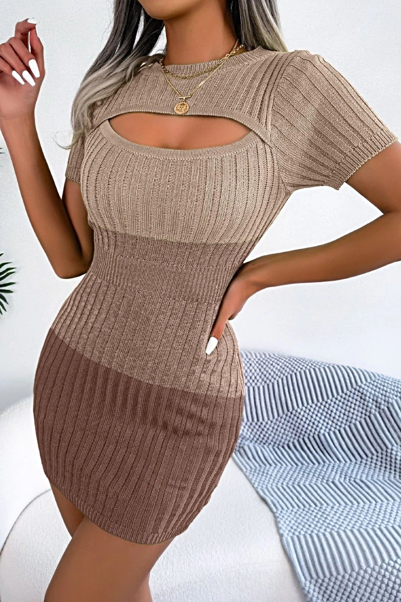 Color Block Cutout Short Sleeve Sweater Dress -