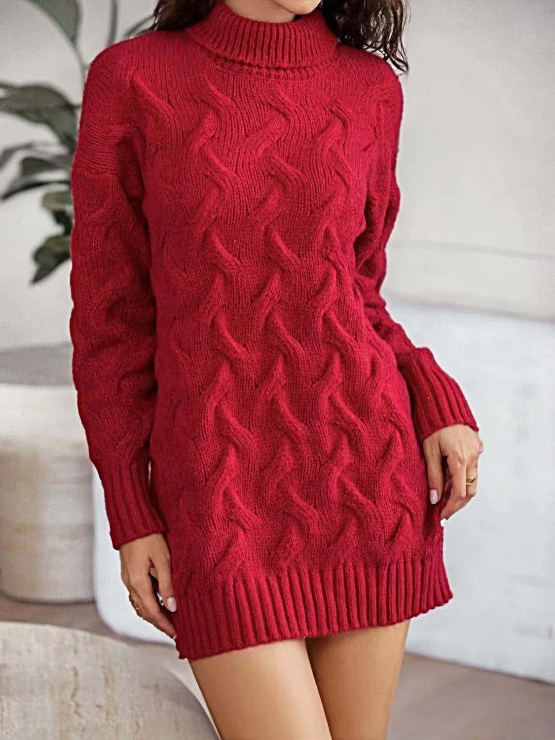 Cable-Knit Turtleneck Sweater Dress -