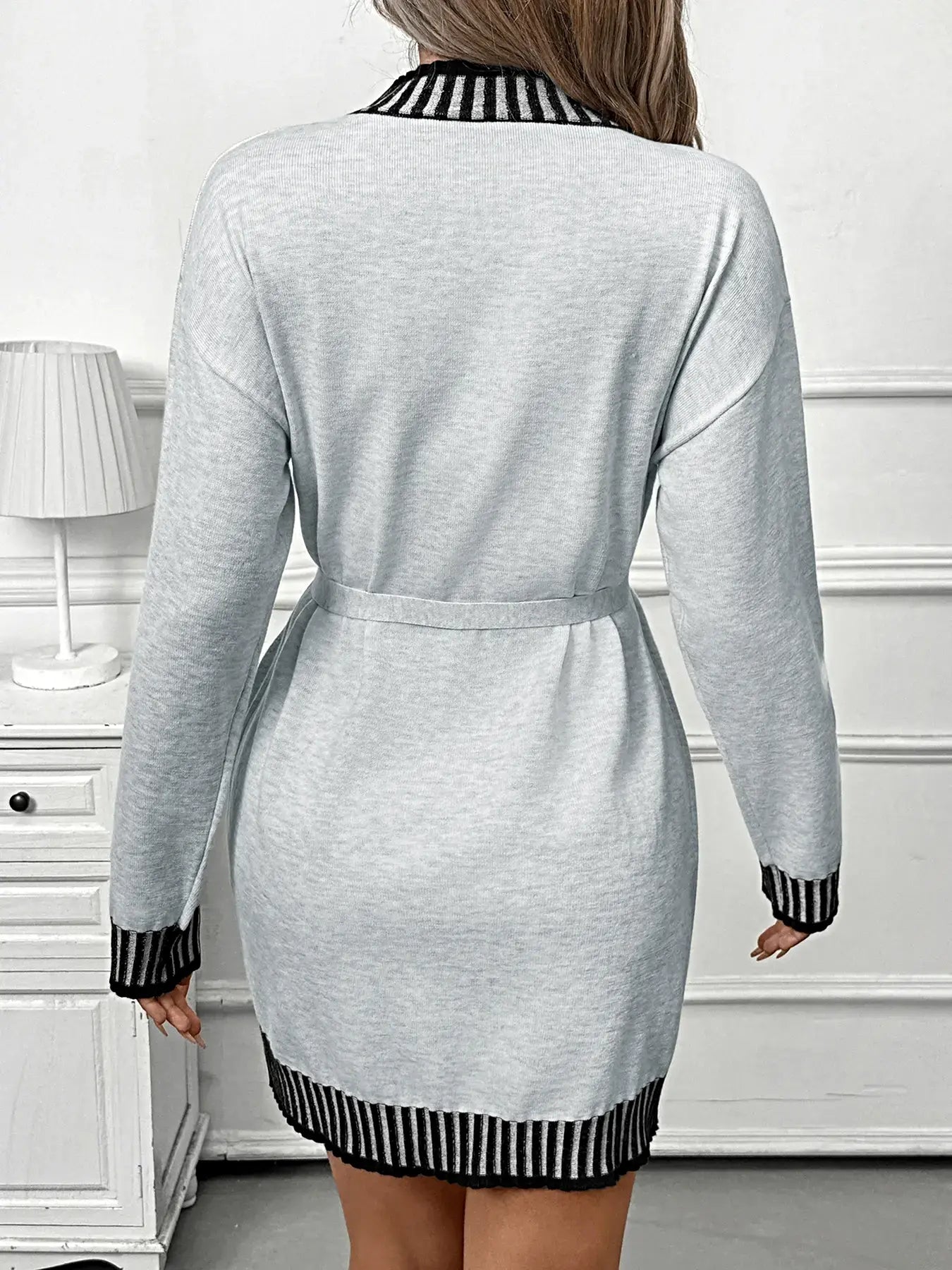 Striped Trim Tie Waist Sweater Dress -