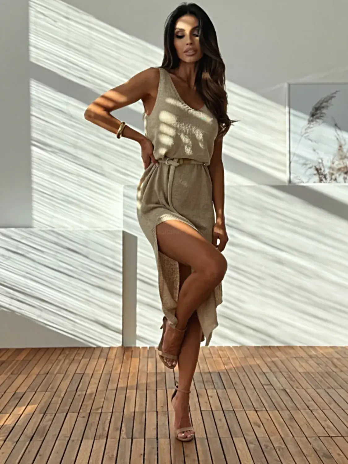 Slit V-Neck Sleeveless Sweater Dress -
