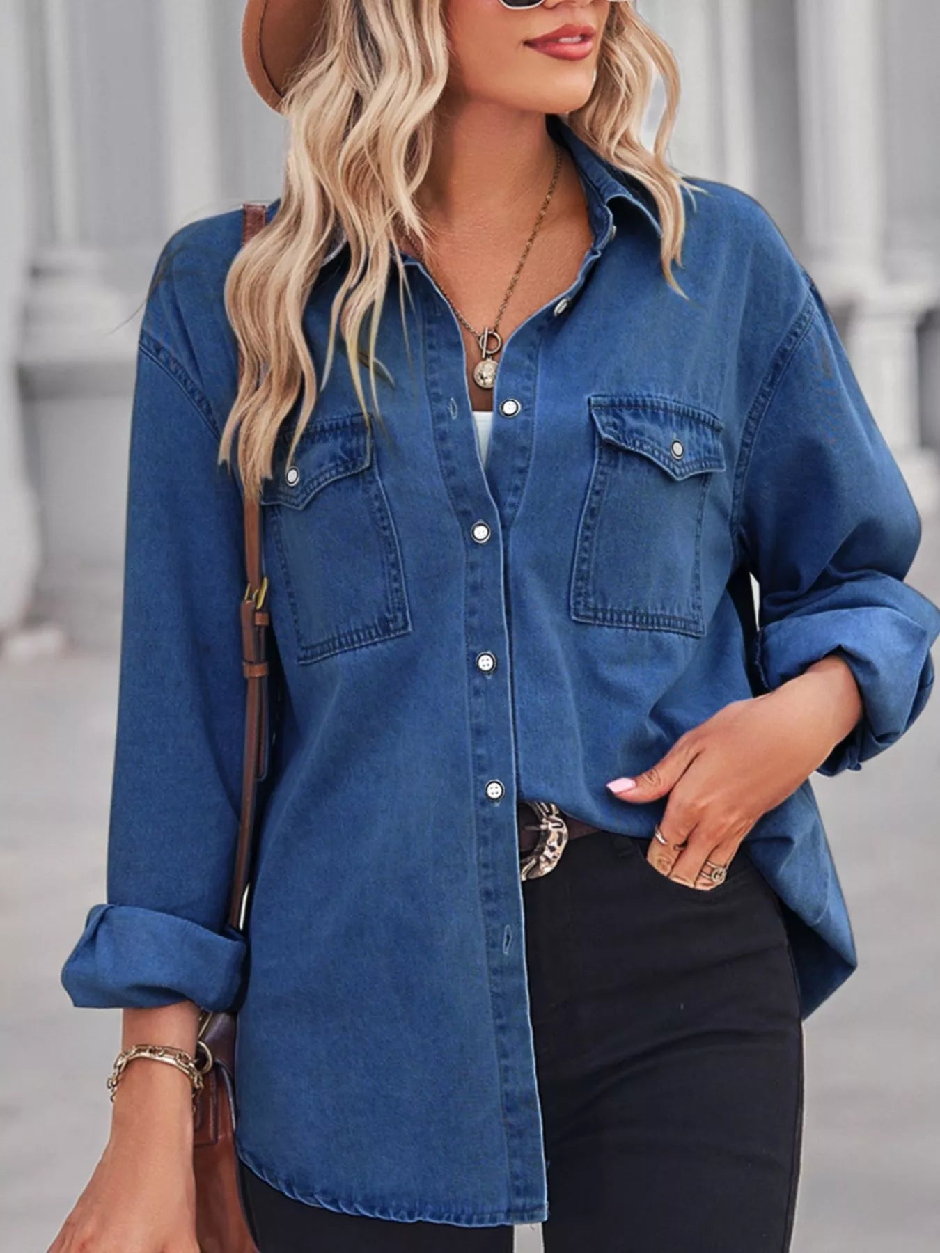Button Down Washed Denim Shirt with Chest Pockets -