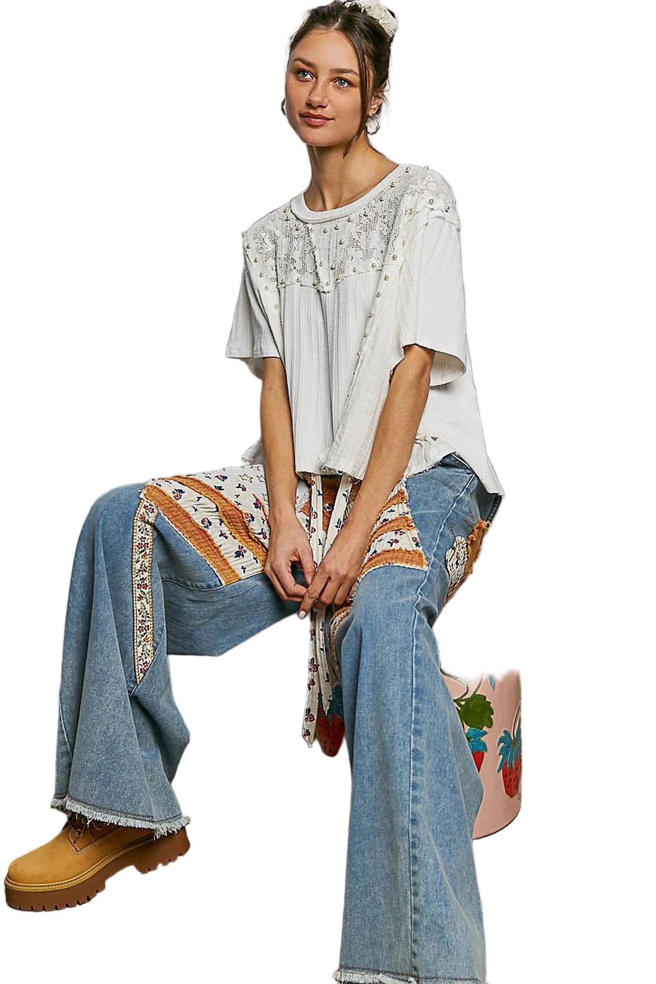 POL Lace Pearl Stud Round Neck Short Sleeve Shirt -