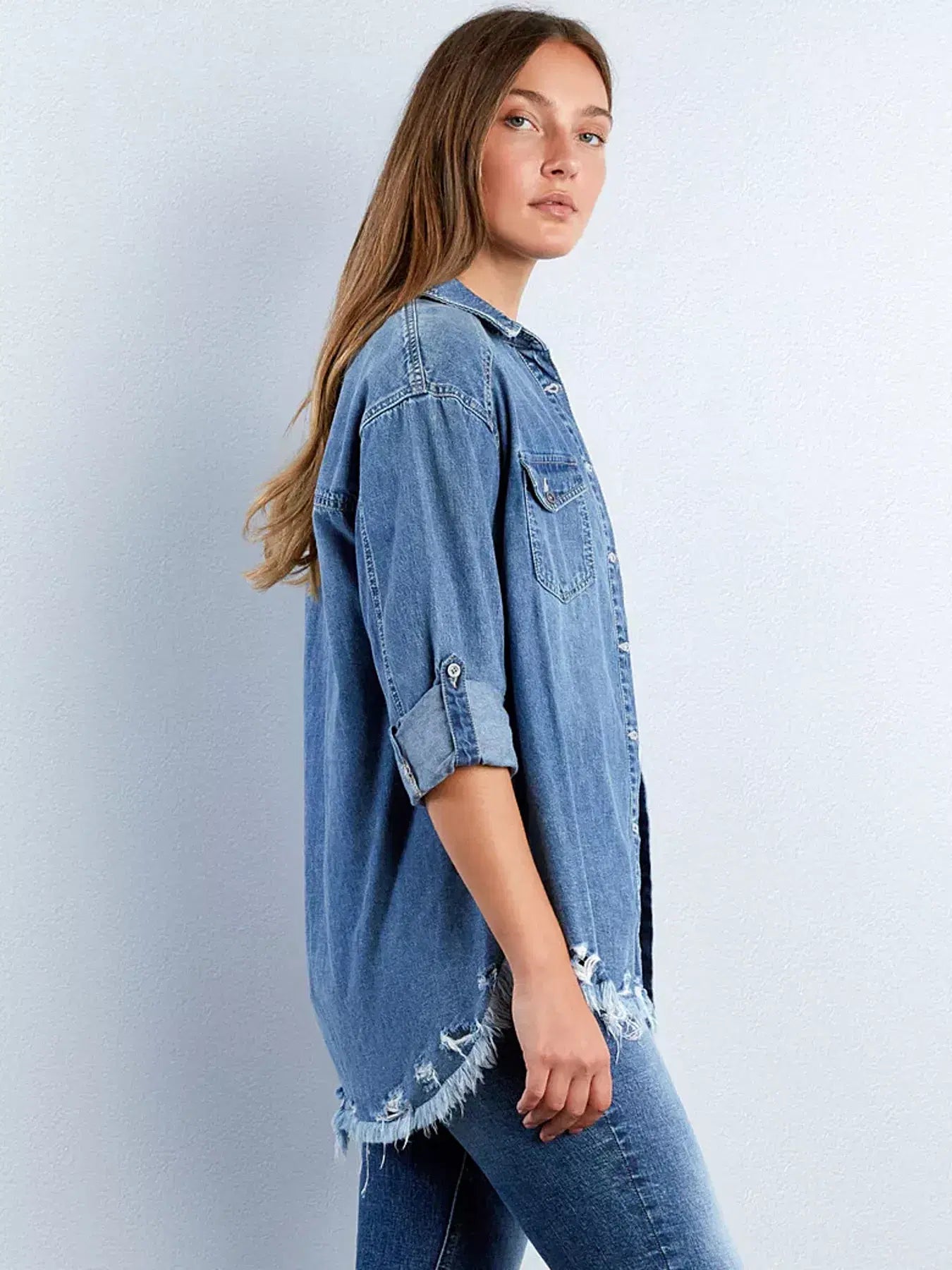Frayed Hem Roll-Up Sleeve Denim Shirt -