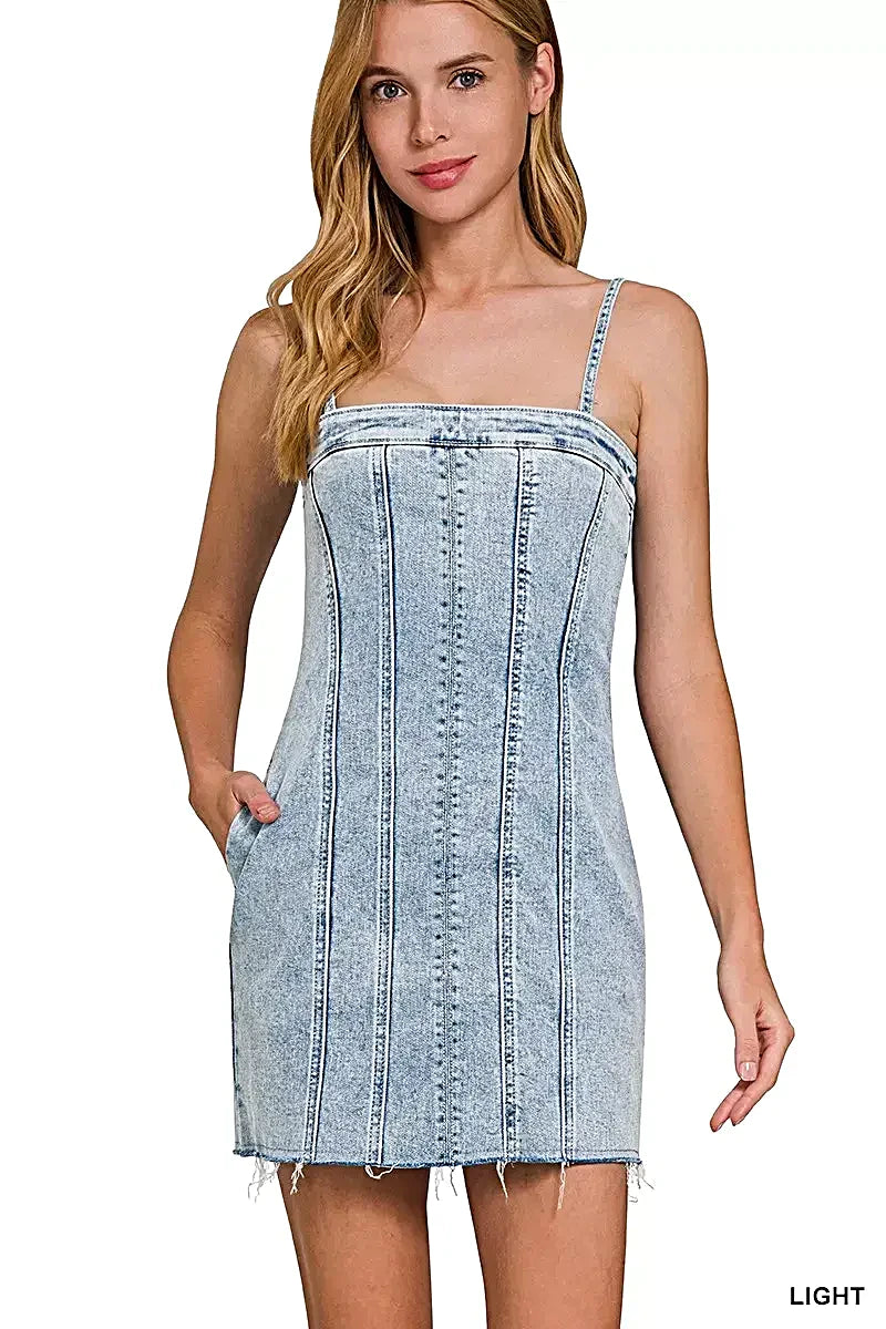 Zenana Spaghetti Strap Exposed Seam Light-Wash Dress -