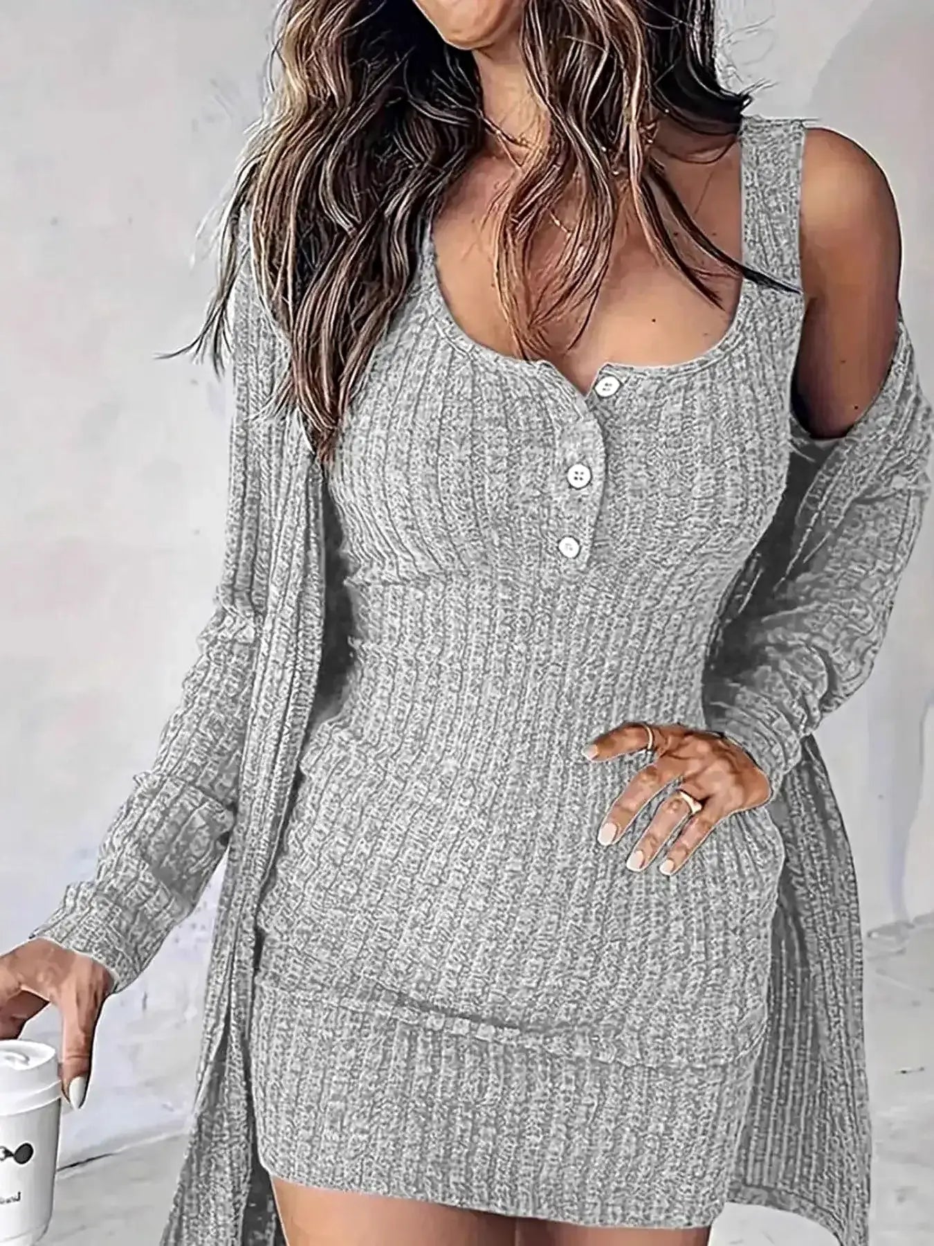 Ribbed Button Front Dress and Cardigan Sweater Set -