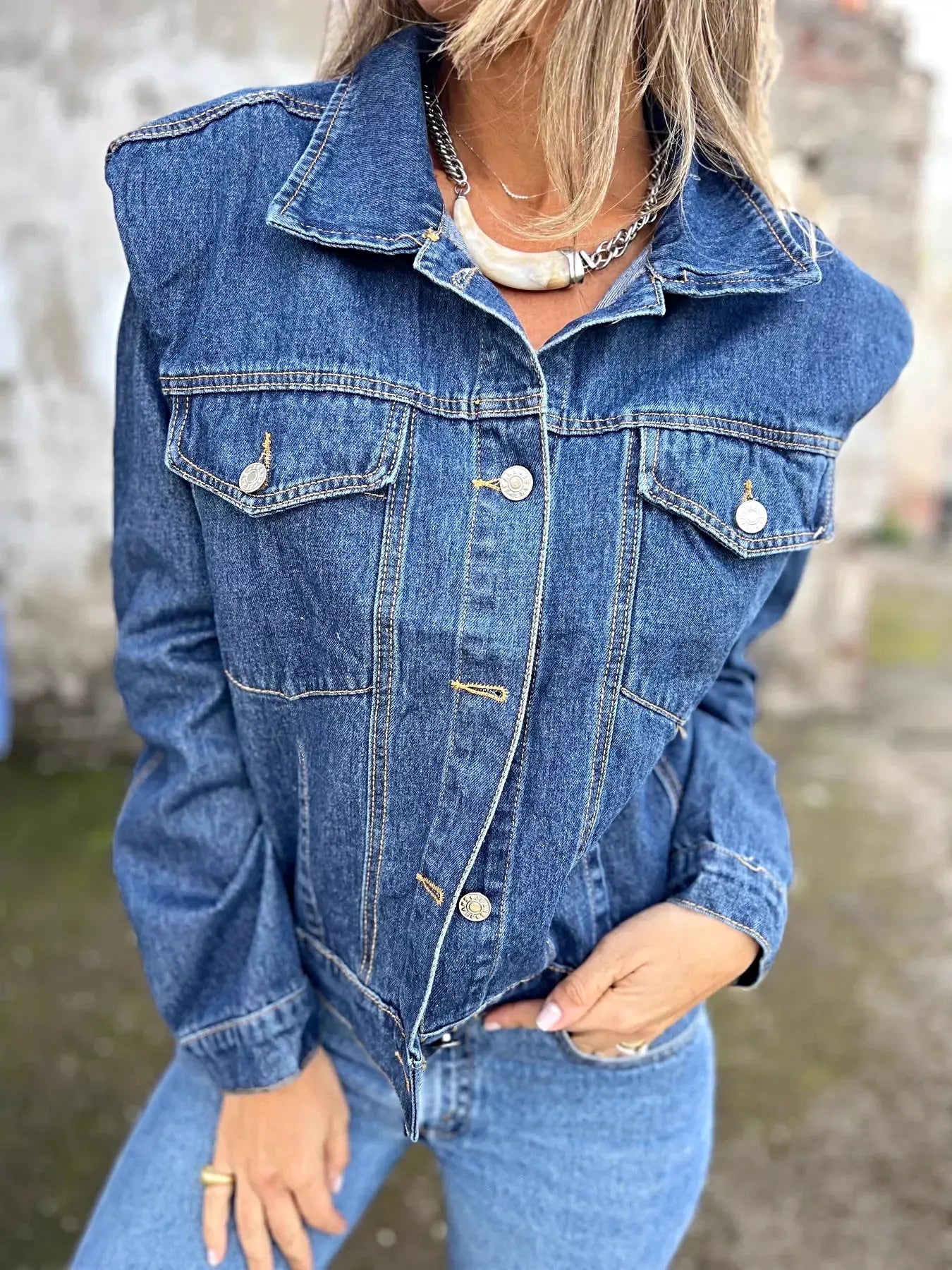 Plus Size Button Up Chest Pockets Denim Jacket -