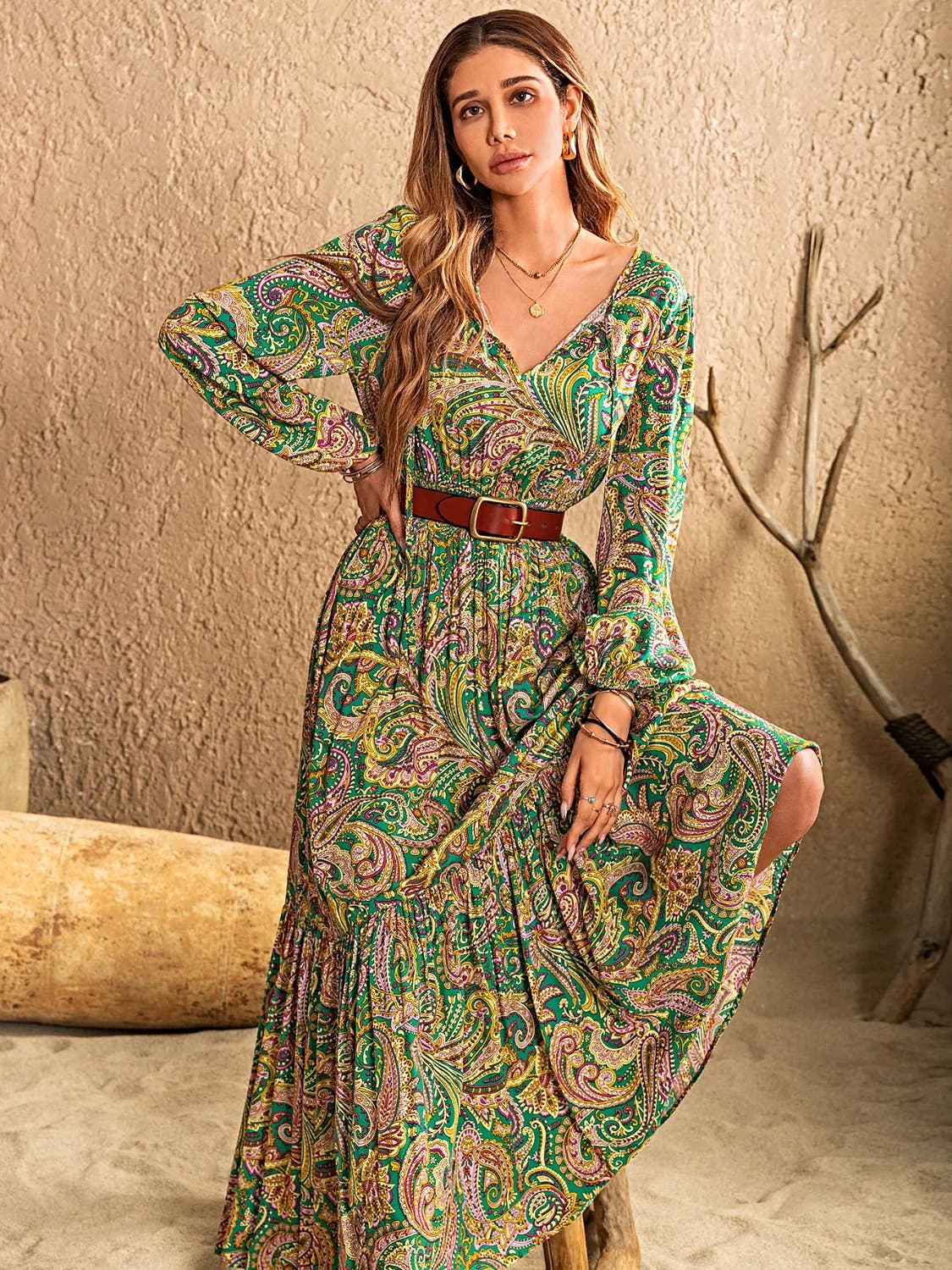 Printed Tie Neck Long Sleeve Dress -