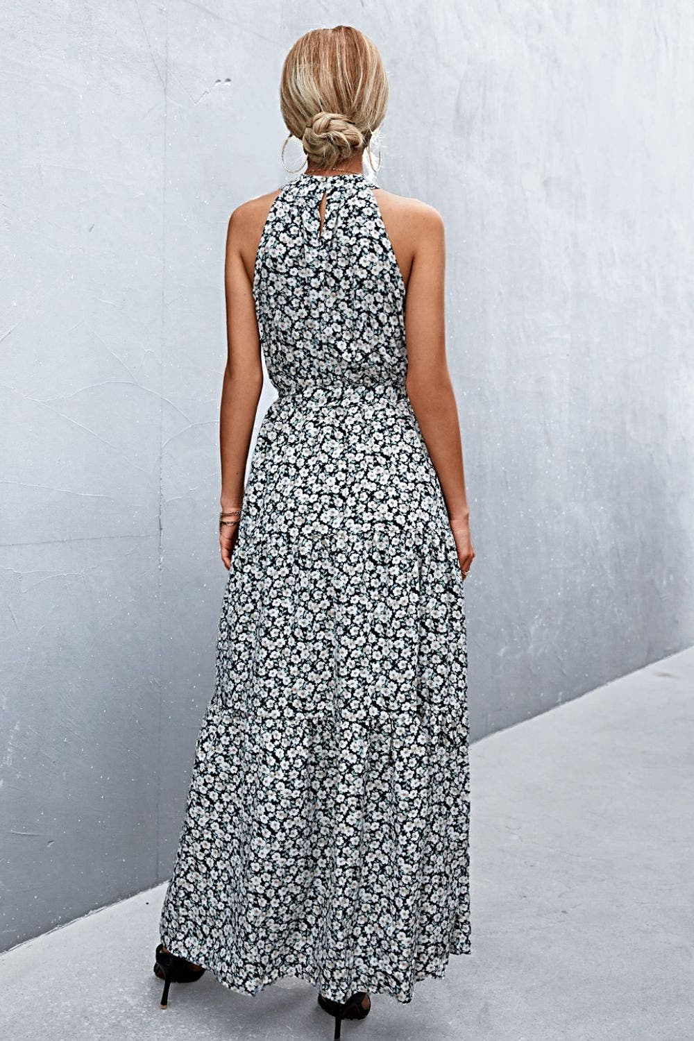 Grecian Printed Tie Waist Maxi Dress with Sleeveless Design and Polka Dot Floral Pattern Trendsi