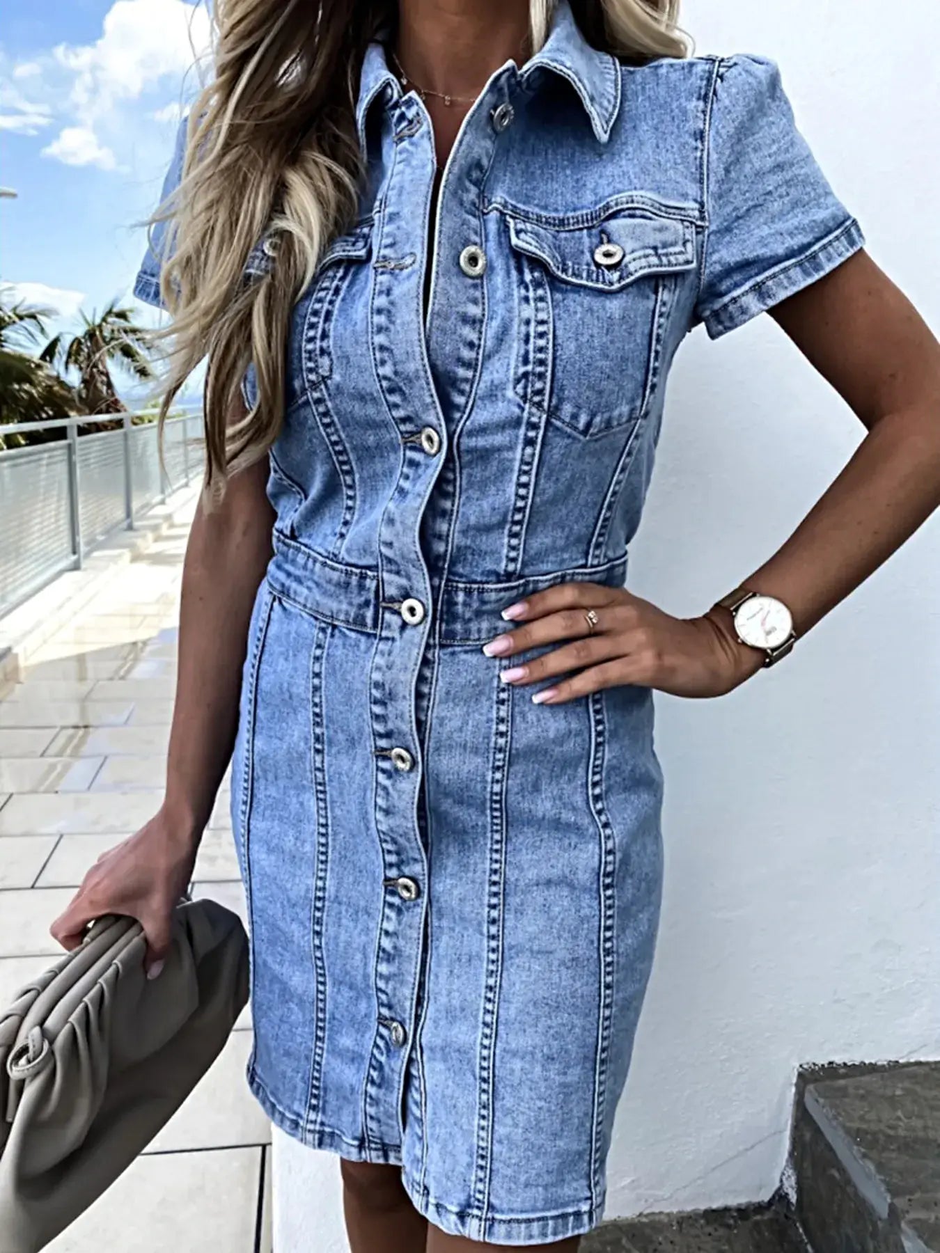 Button Front Short Sleeve Denim Dress -