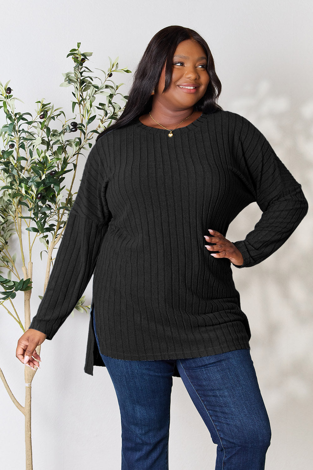 Chic Ribbed Long Sleeve Top with Slit - Basic Bae Full Size Round Neck Design for Effortless Style Trendsi