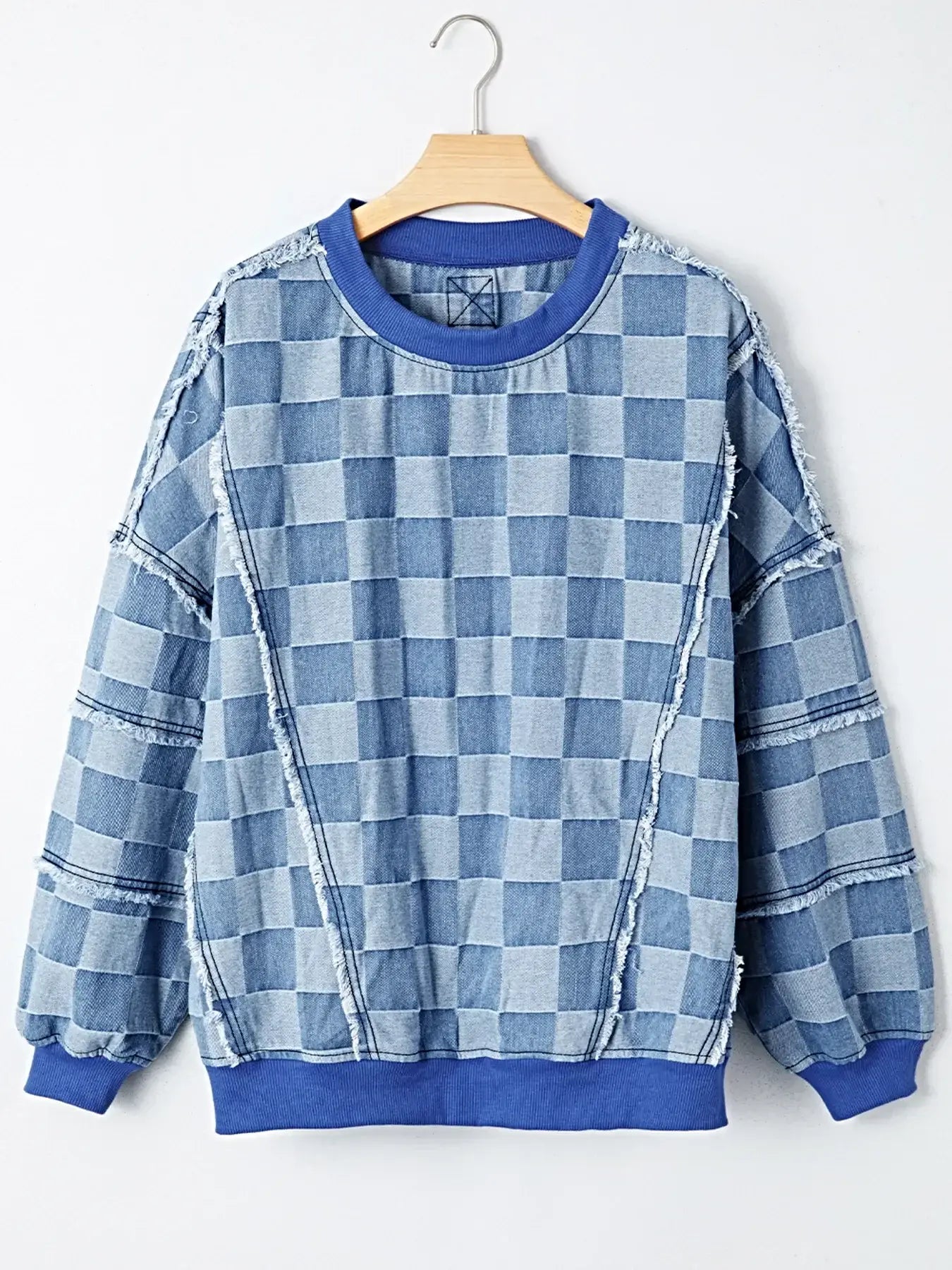 Checkerboard Splicing Raw Detail Oversized Denim Top -