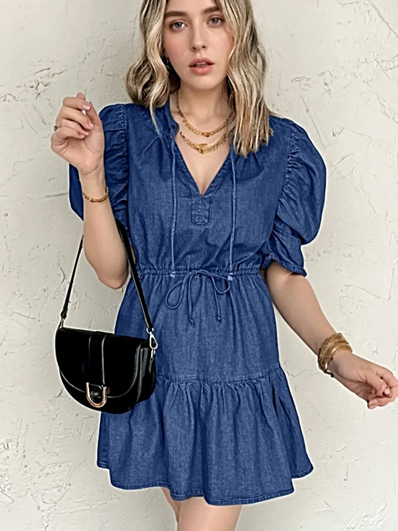 Drawstring High Waist Puff Sleeve Denim Mini Dress -