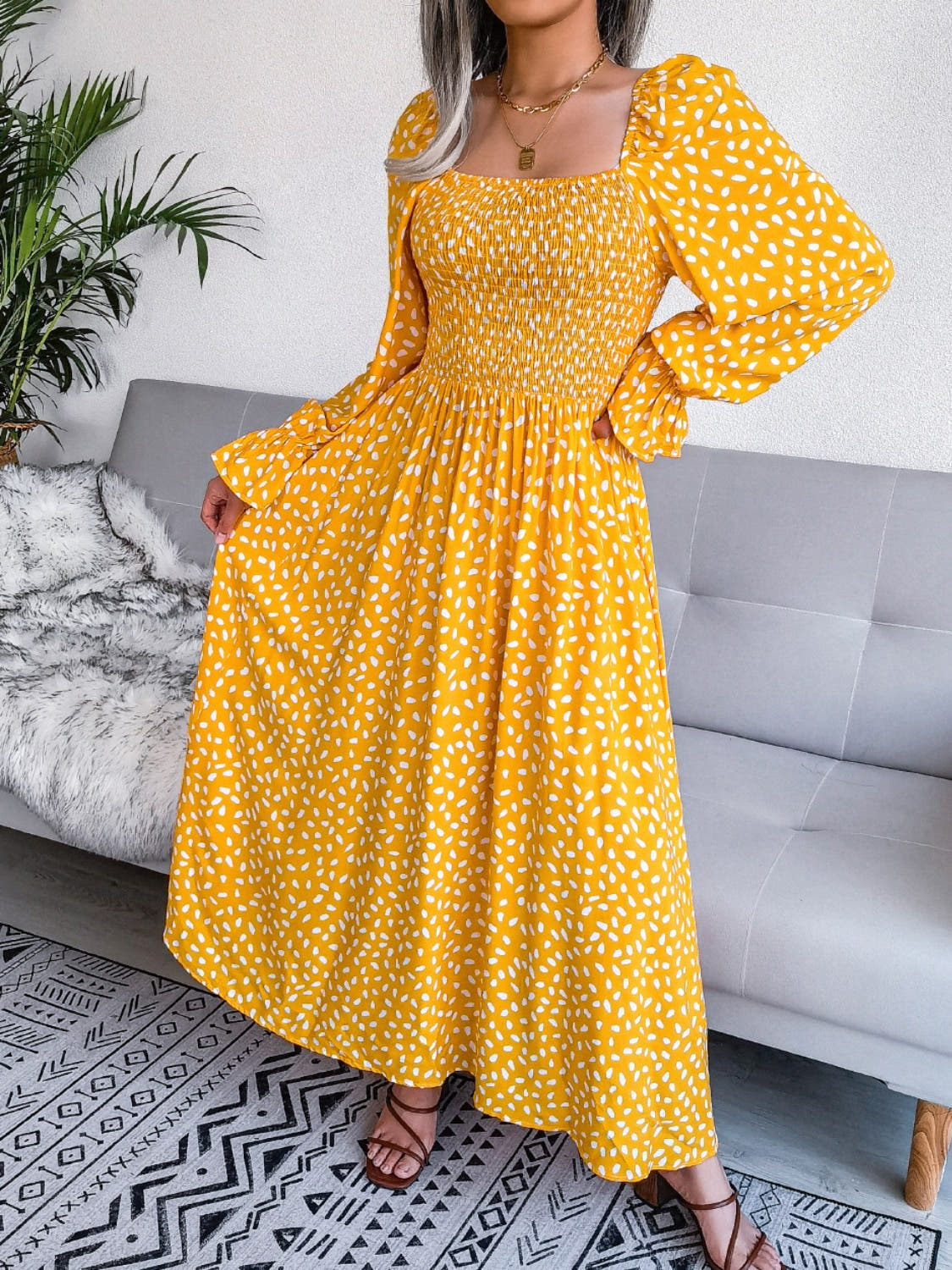 Smocked Square Neck Flounce Sleeve Dress -